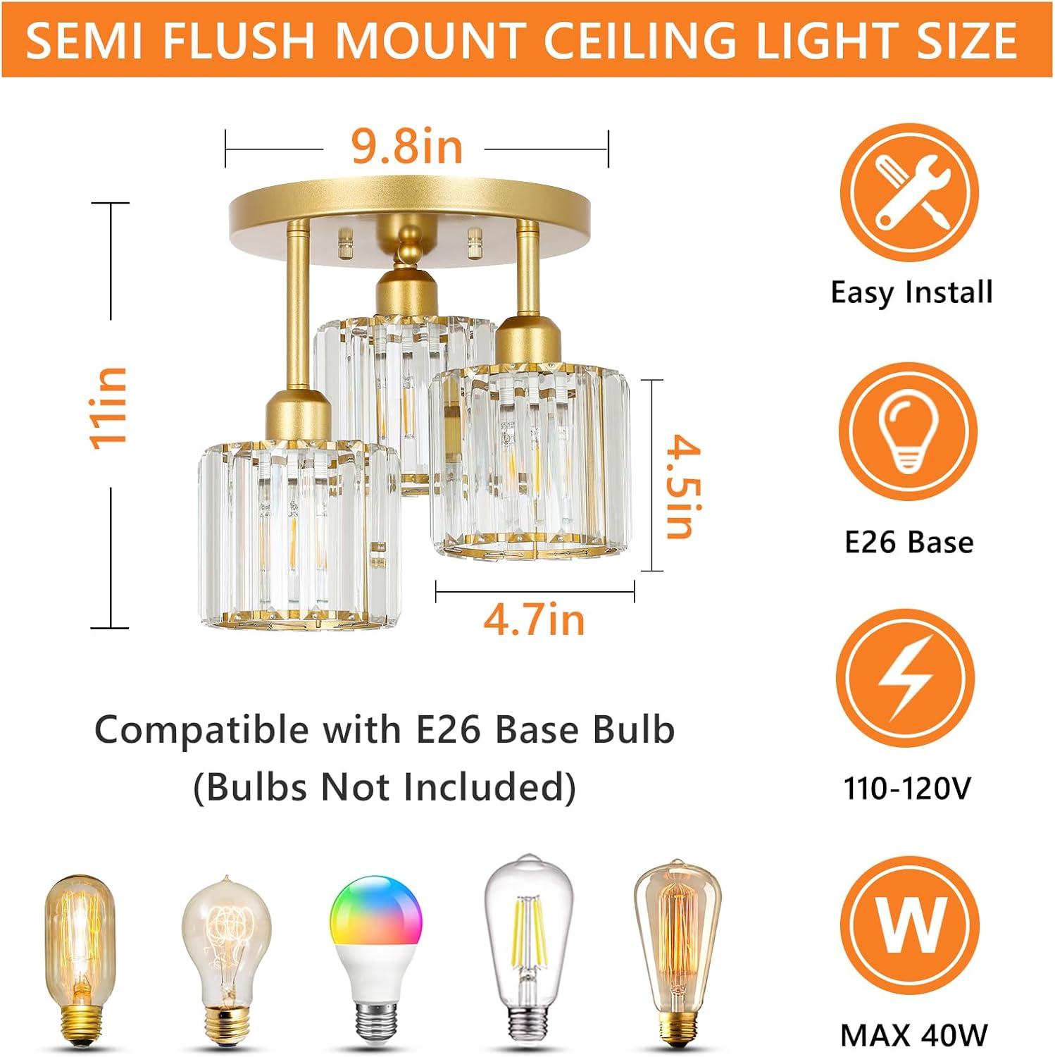 Modern Semi Flush Mount Ceiling Light,3-Light Golden Crystal Close to Ceiling Light Fixtures,Kitchen Light Fixtures with Clear Crystal Shade,Hallway Light Fixtures for Hallway Bedroom Bathroom