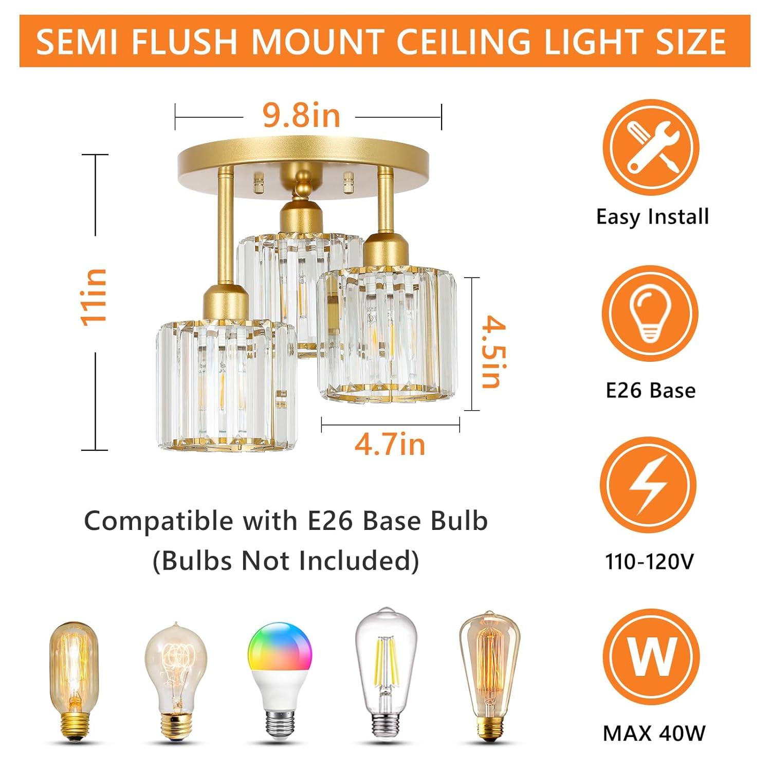 Modern Semi Flush Mount Ceiling Light,3-Light Golden Crystal Close to Ceiling Light Fixtures,Kitchen Light Fixtures with Clear Crystal Shade,Hallway Light Fixtures for Hallway Bedroom Bathroom