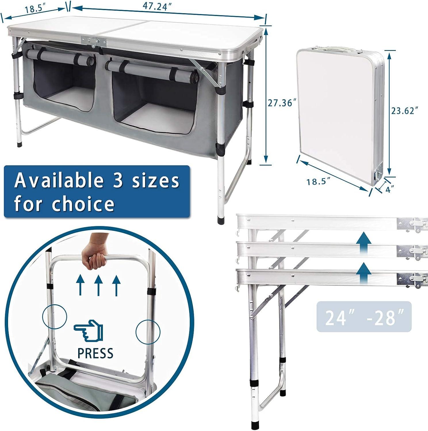 Adjustable Height Black and Gray Outdoor Folding Table with Storage