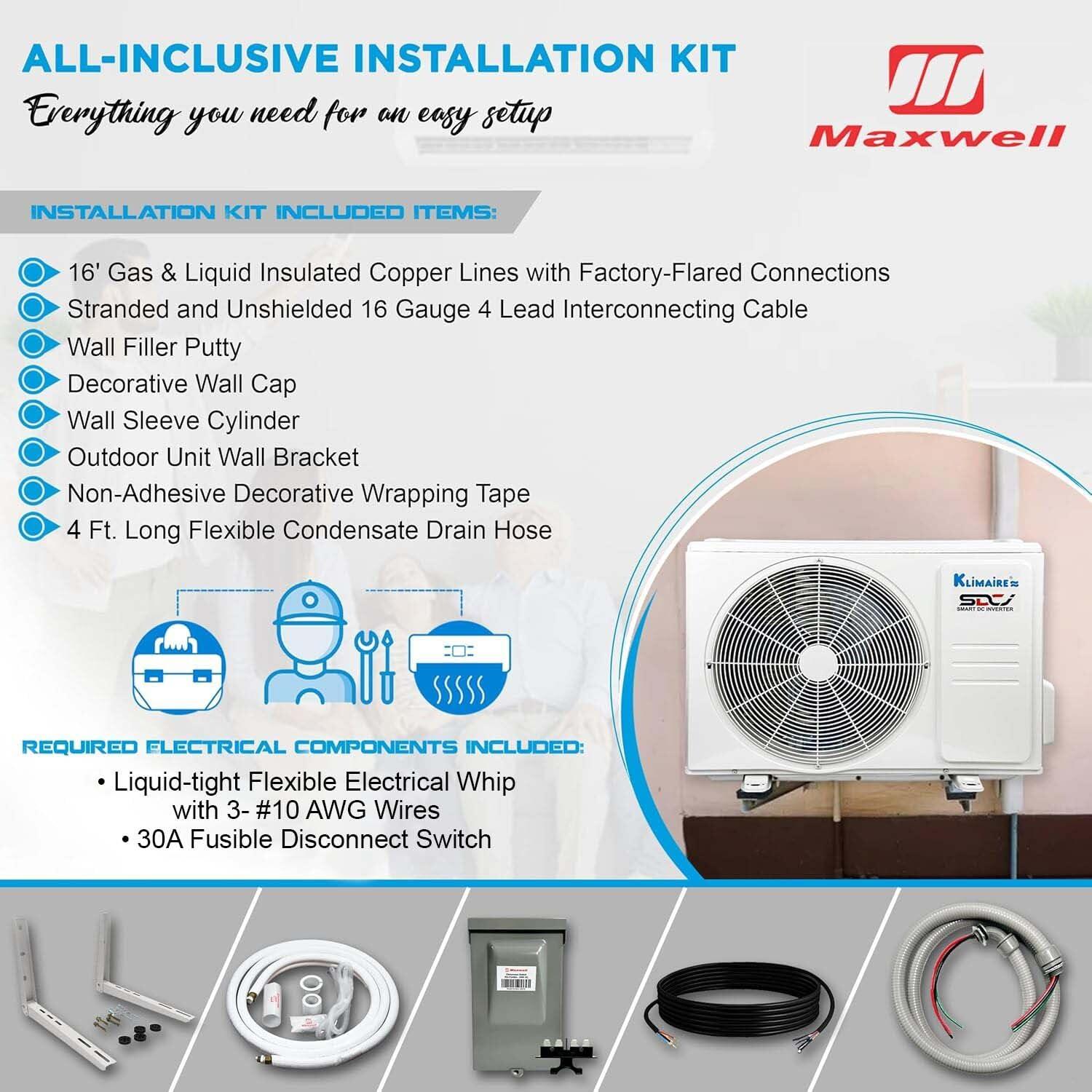 Klimaire 36,000 BTU 17.5 SEER2 Wi-Fi-Enabled Ductless Mini-Split Heat Pump Air Conditioner with Installation Kit, Up to 2,400 Sq. Ft