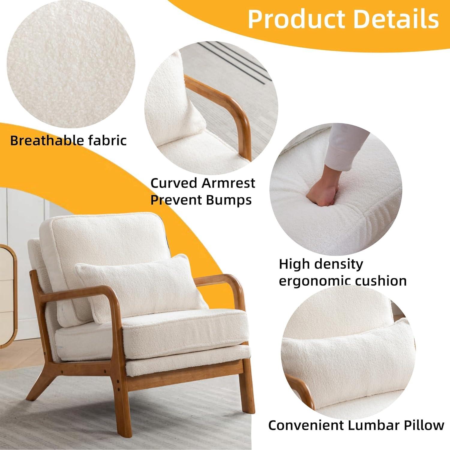 YODOLLA  Fabric Accent Chair Mid-Century Modern Upholstered Arm Chair Set of 2 for Living Room in White