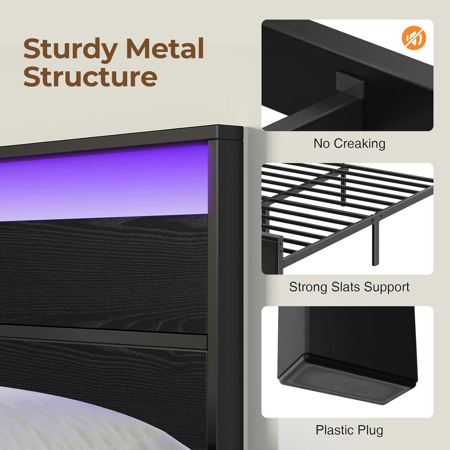 Black Twin Metal Bed Frame with LED Headboard and Storage