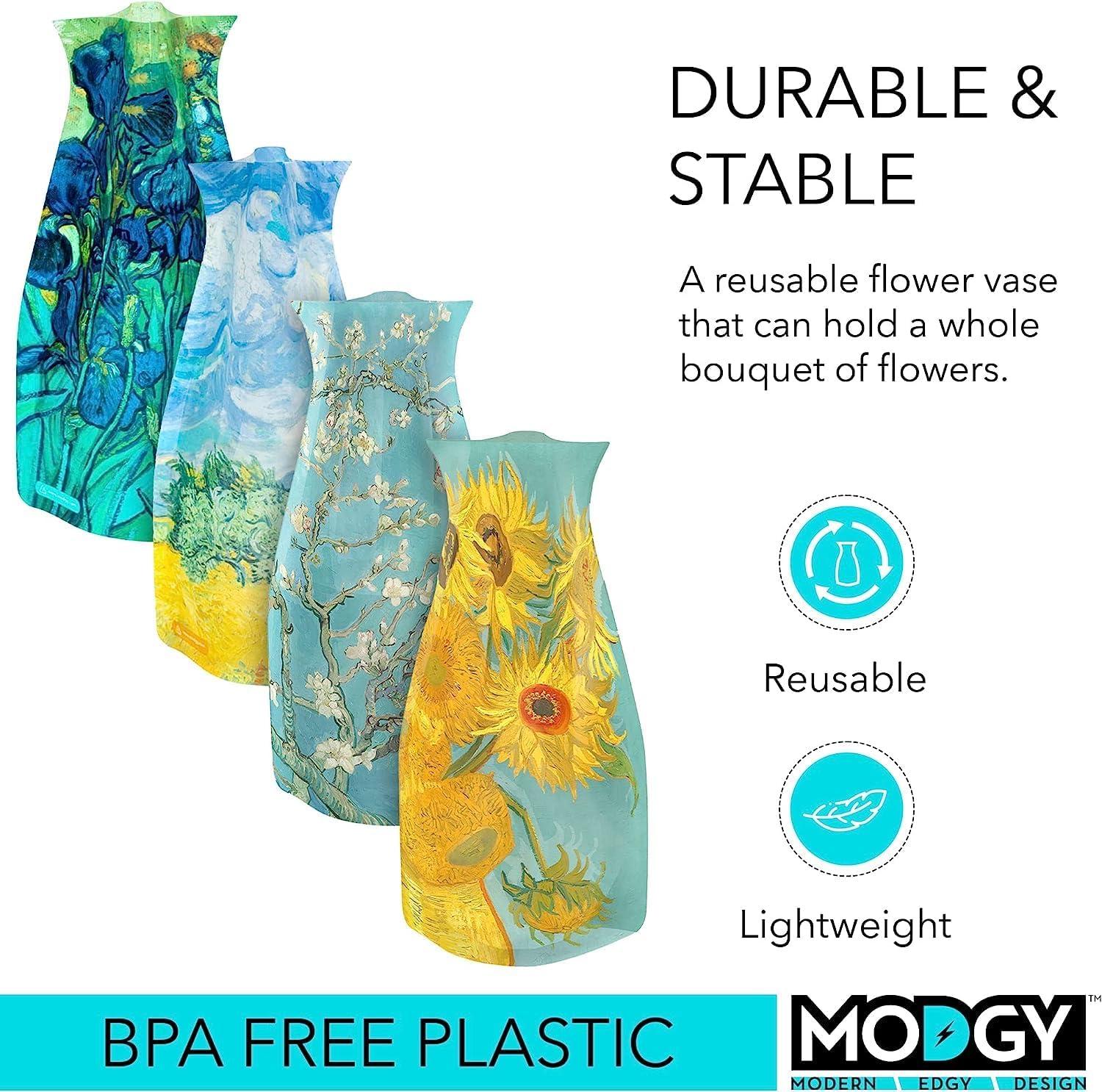MODGY Expandable Flower Vase Set, Plastic Decorative Modern Foldable Printed Vases for Centerpieces for Wedding, Dining Table, Home Decor, Living Room, Bathroom, Office, Vincent Van Gogh, 4 Pack