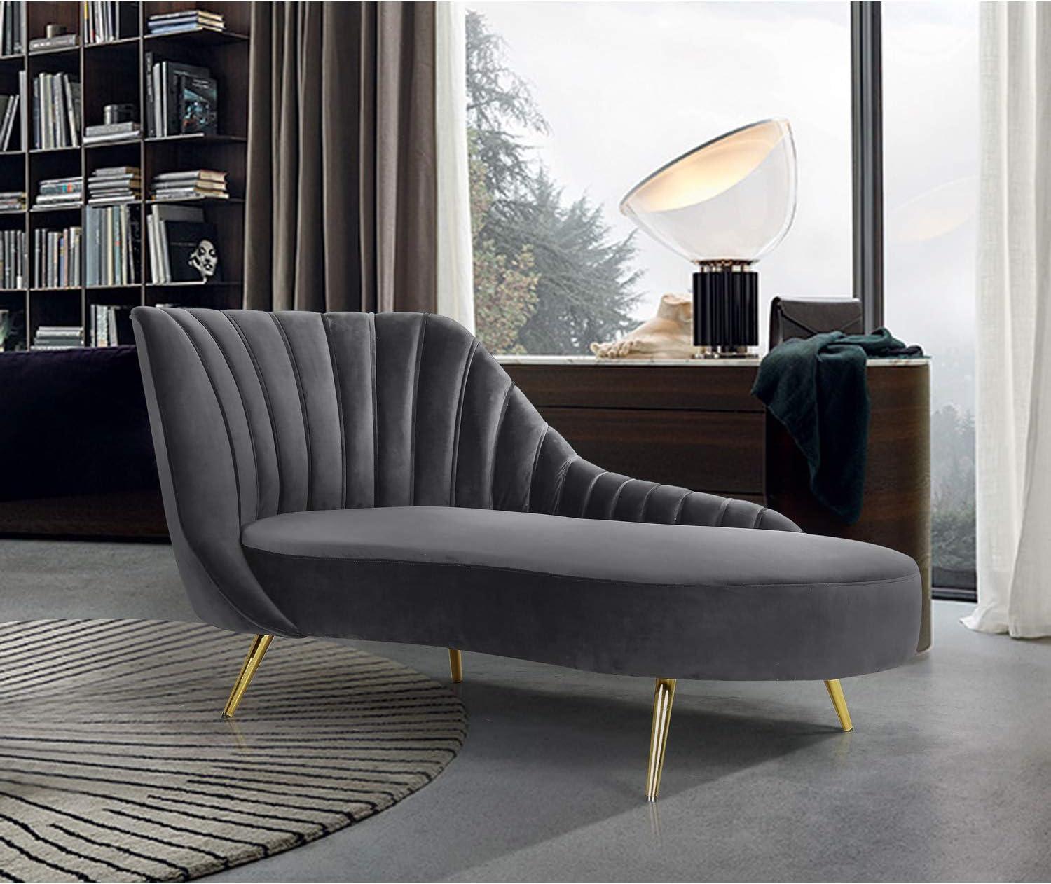 Luxurious Grey Velvet Chaise with Gold Stainless Steel Legs