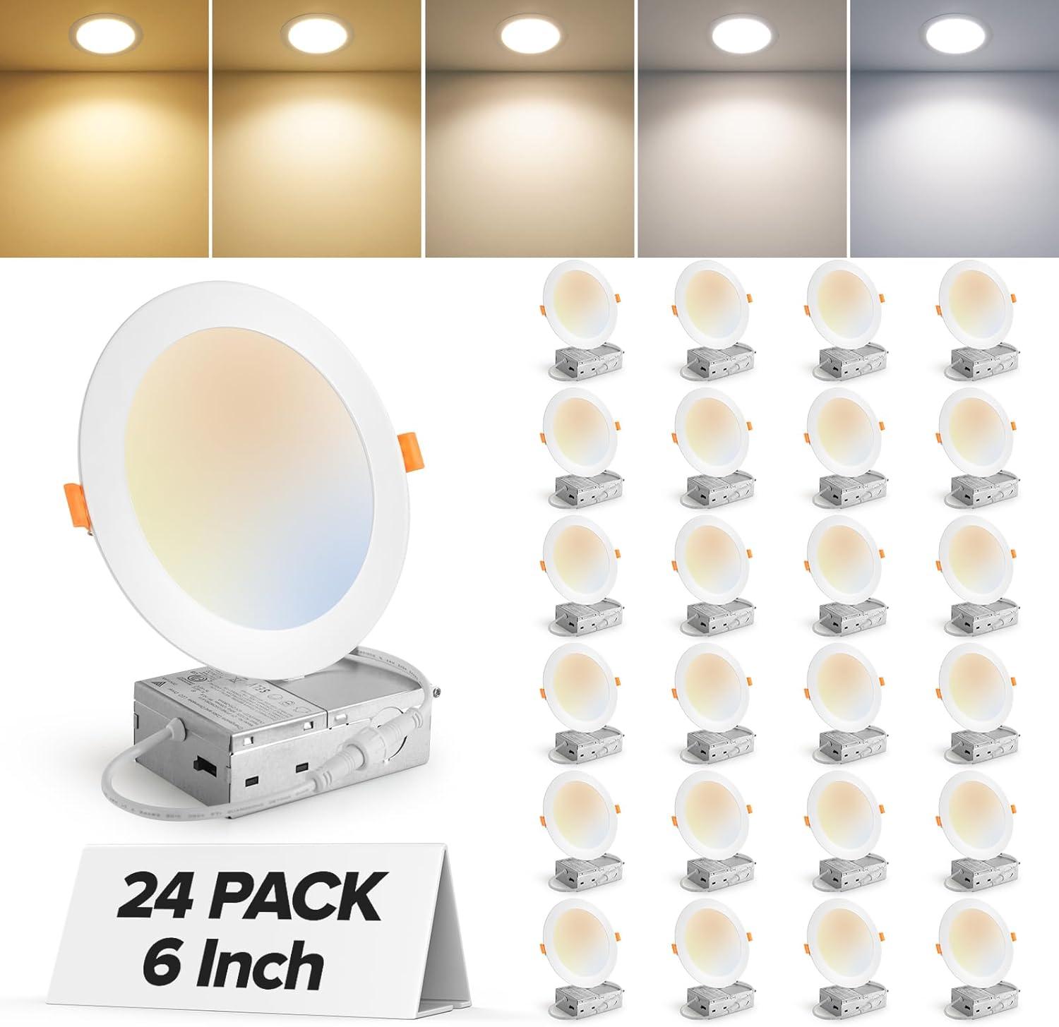 FREELICHT 24 Pack 6 Inch 5CCT Ultra-Thin LED Recessed Ceiling Light with Junction Box, 2700K/3000K/3500K/4000K/5000K Selectable, 1050LM Brightness, Dimmable Canless Wafer Downlight, 12Weqv110W-EtlFcc