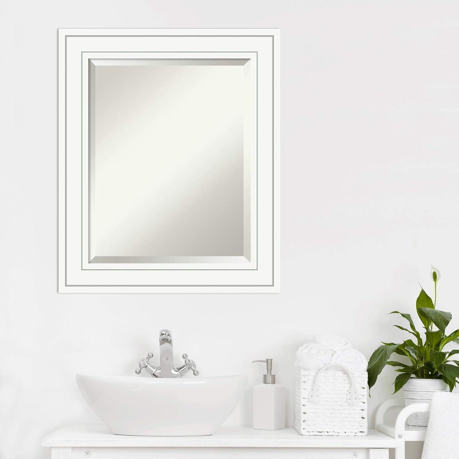 Amanti Art Beveled Wood Bathroom Wall Mirror - Craftsman White Frame Outer Size: 21 x 25 in