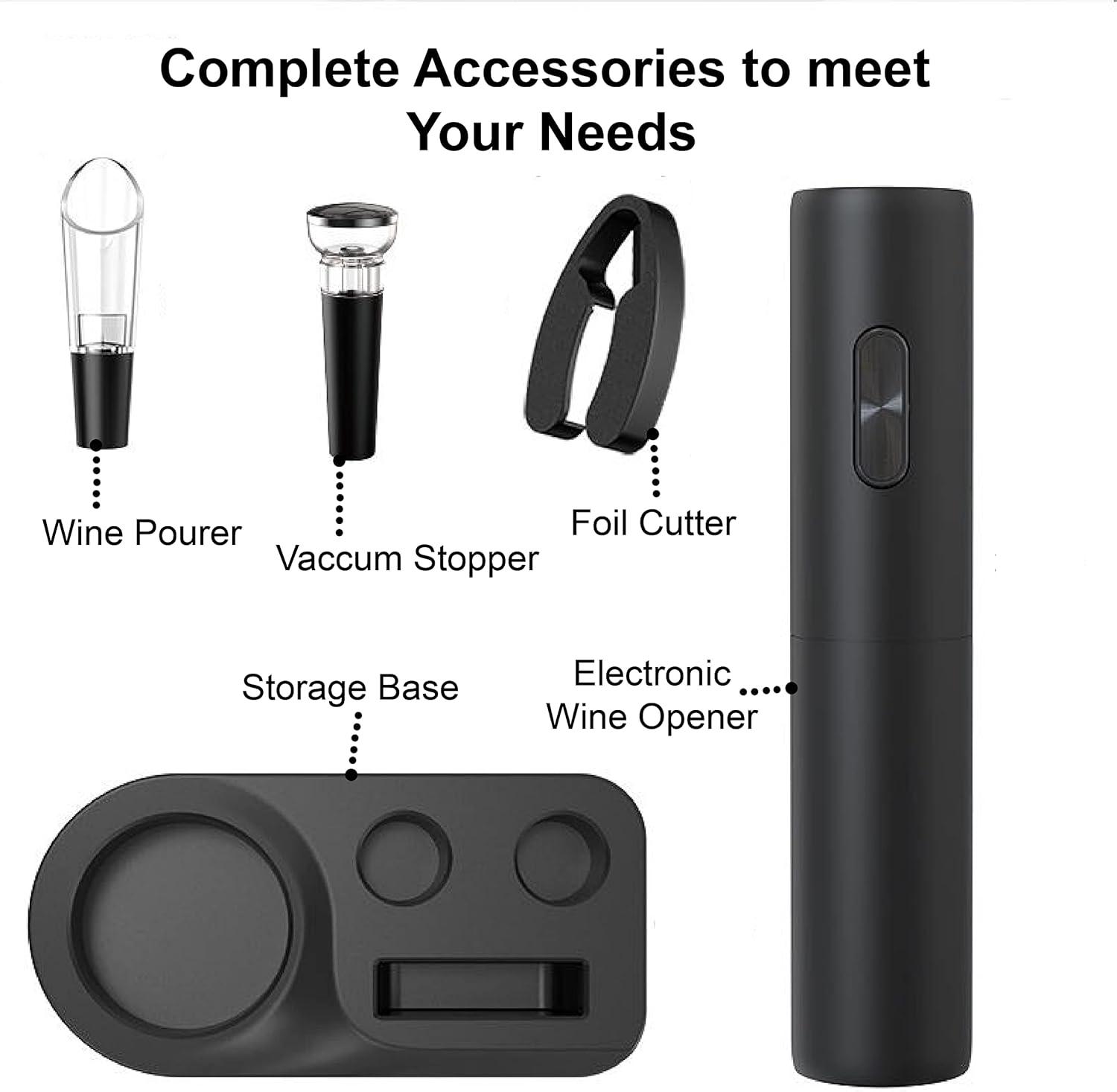 Rechargeable Electric Wine Opener, 5 in 1 set with Automatic Electric Wine Bottle Corkscrew Opener, Foil Cutter, Vacuum Stopper, Wine Pourer and Storage Charging Stand