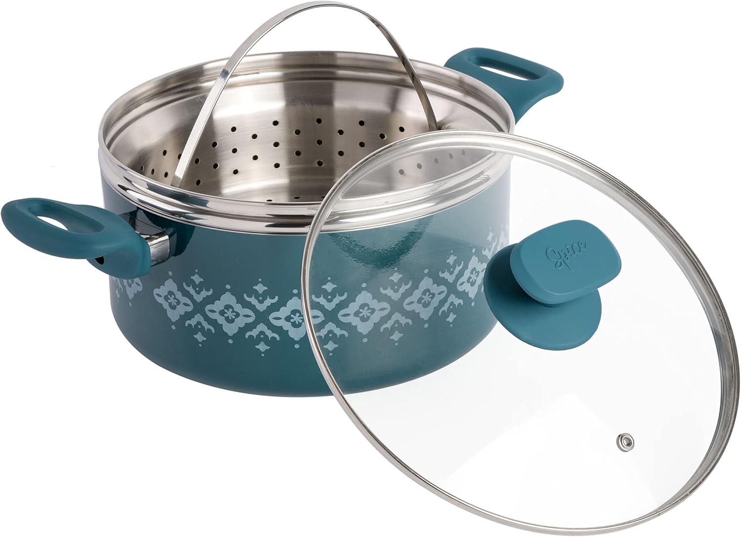 Spice by Tia Mowry Spice By Tia Mowry Savory Saffron Nonstick Ceramic Dutch Oven With Stainless Steel Steamer, 5-Quart, Charcoal, Enamel Exterior, Stay-Cool Handles