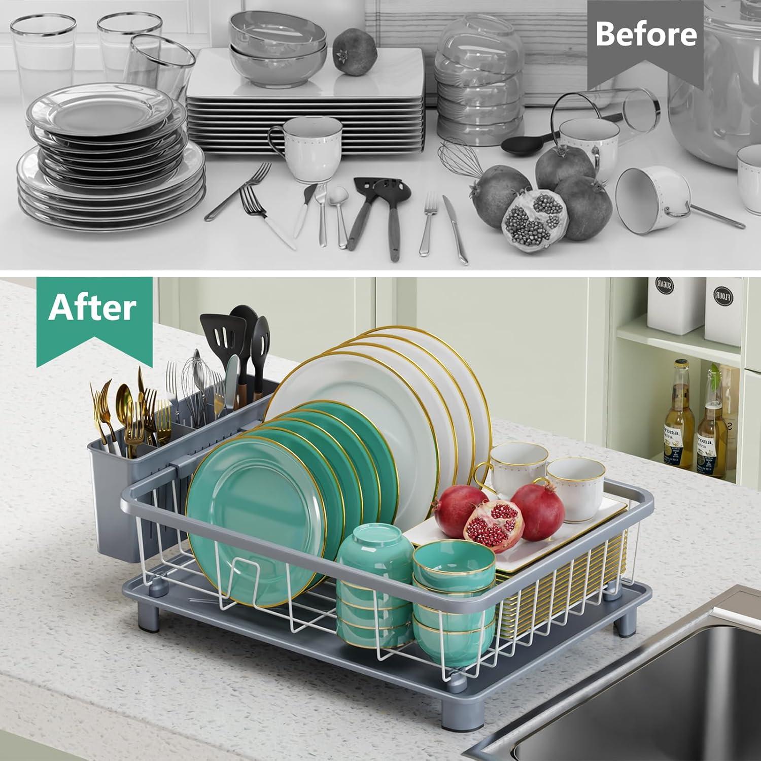iSPECLE Dish Drying Rack with Drainboard - Dish Racks for Kitchen Counter, Rust-Resistant Compact Dish Drainer with Utensil Holder, Drain Spout and High Feet on Drip Tray, Black