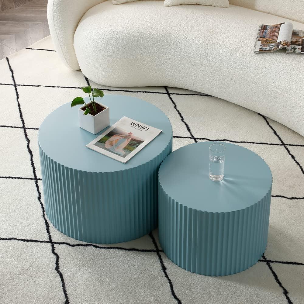 Blue Round Wooden Nesting Coffee Table Set