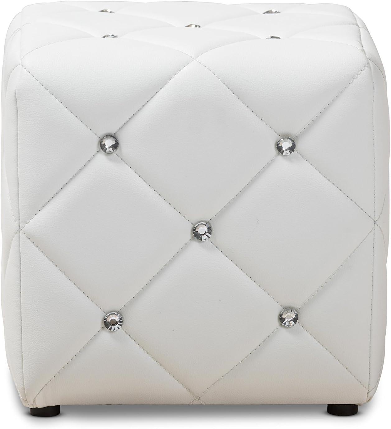 Homestock Tribal Treasures White Faux Leather Upholstered Ottoman, Square Ottaman, Button Tufted Design, Foam Padded, 13.78"D X 13.78"W X 13.78"H