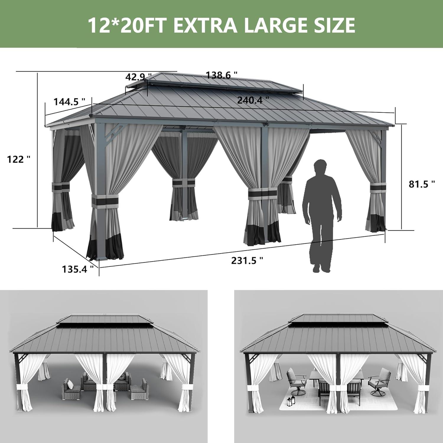 Aoxun 12x20 Hardtop Gazebo, Outdoor Galvanized Steel Double Roof Canopy with Netting and Curtains for Garden, Patio, Lawns, Gray