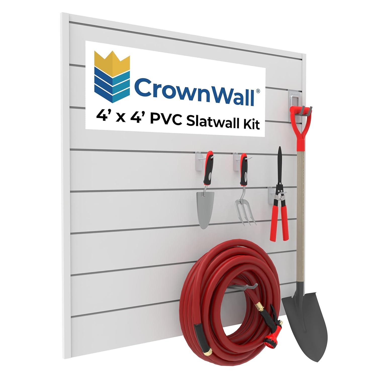 CrownWall PVC Slat Wall Panels Garage Wall and Home Organizer Storage System  | 4ft by 4ft (Set of 8)