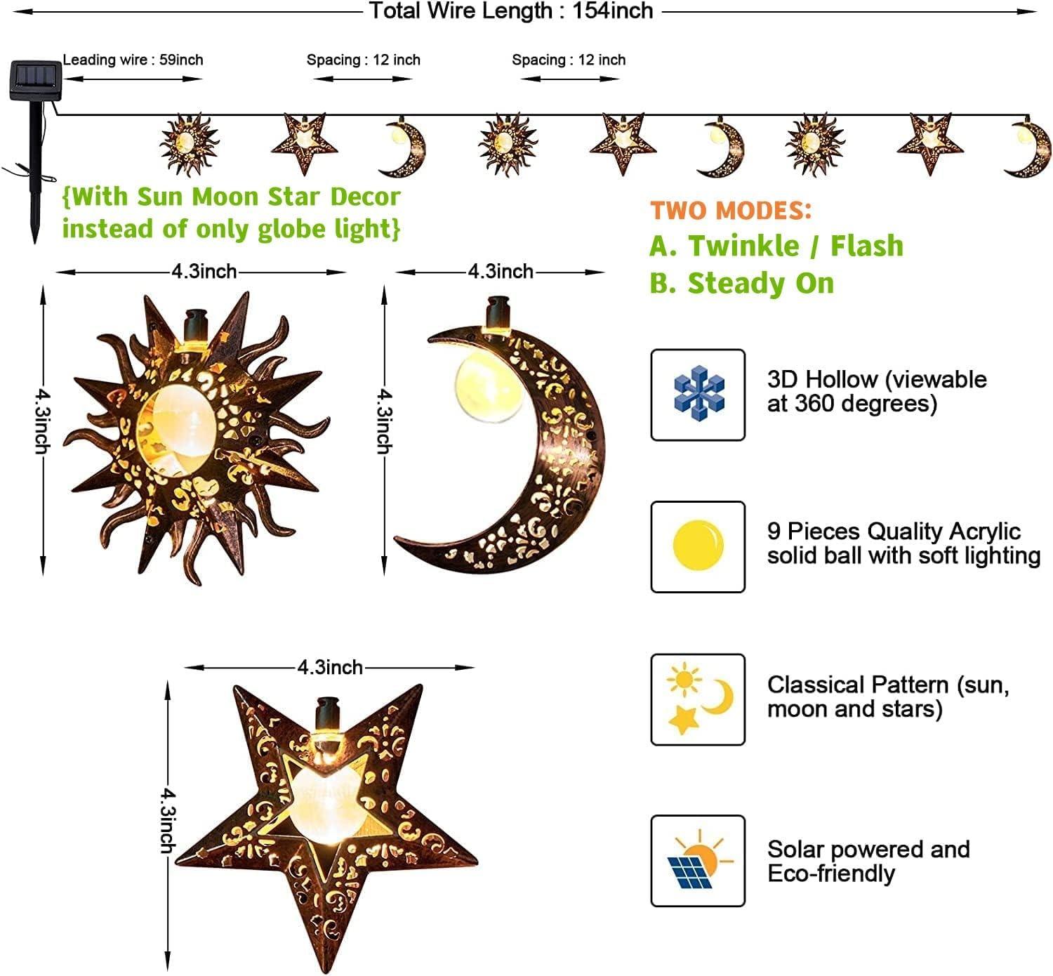 Solar Powered Warm White Star Moon Sun Outdoor Fairy Lights