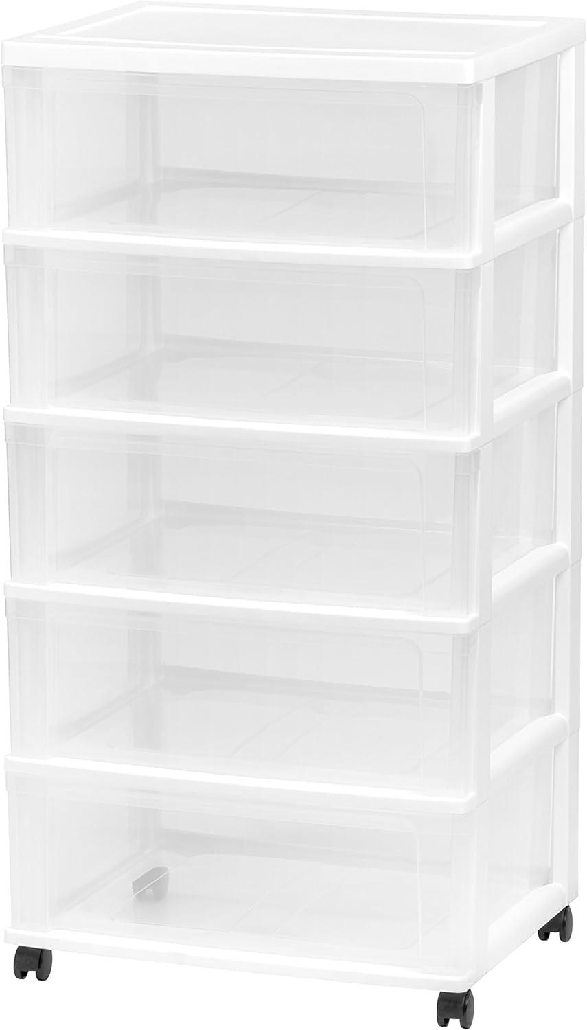 IRIS USA 5 Drawer Wide Storage Drawer Cart with Caster Wheels, Plastic Rolling Dresser for Home Closet Bedroom Bathroom Office Laundry, White/Clear