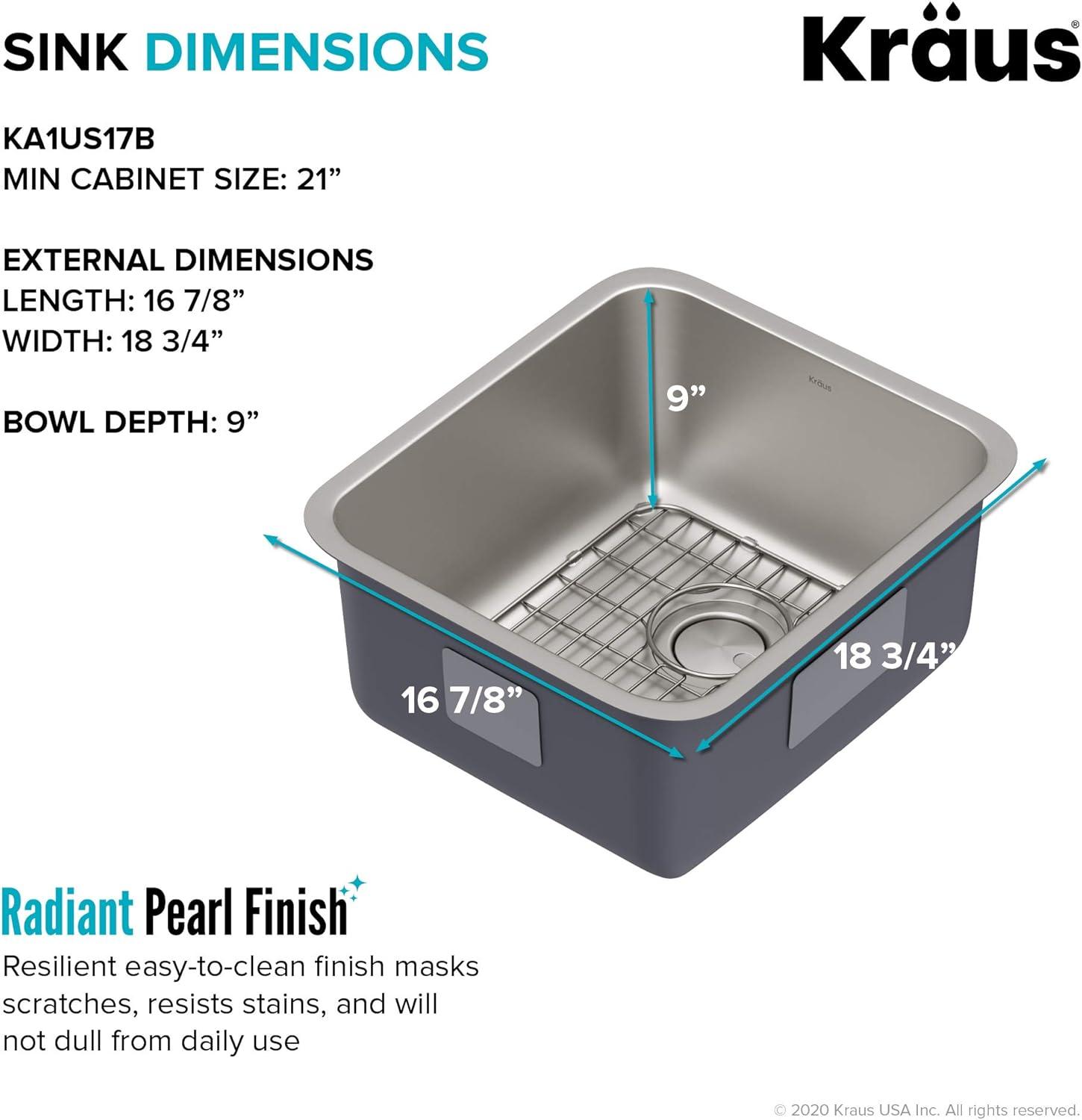 Dex™️ Series KRAUS 17" L Undermount 16 Gauge Stainless Steel Single Bowl Kitchen Sink