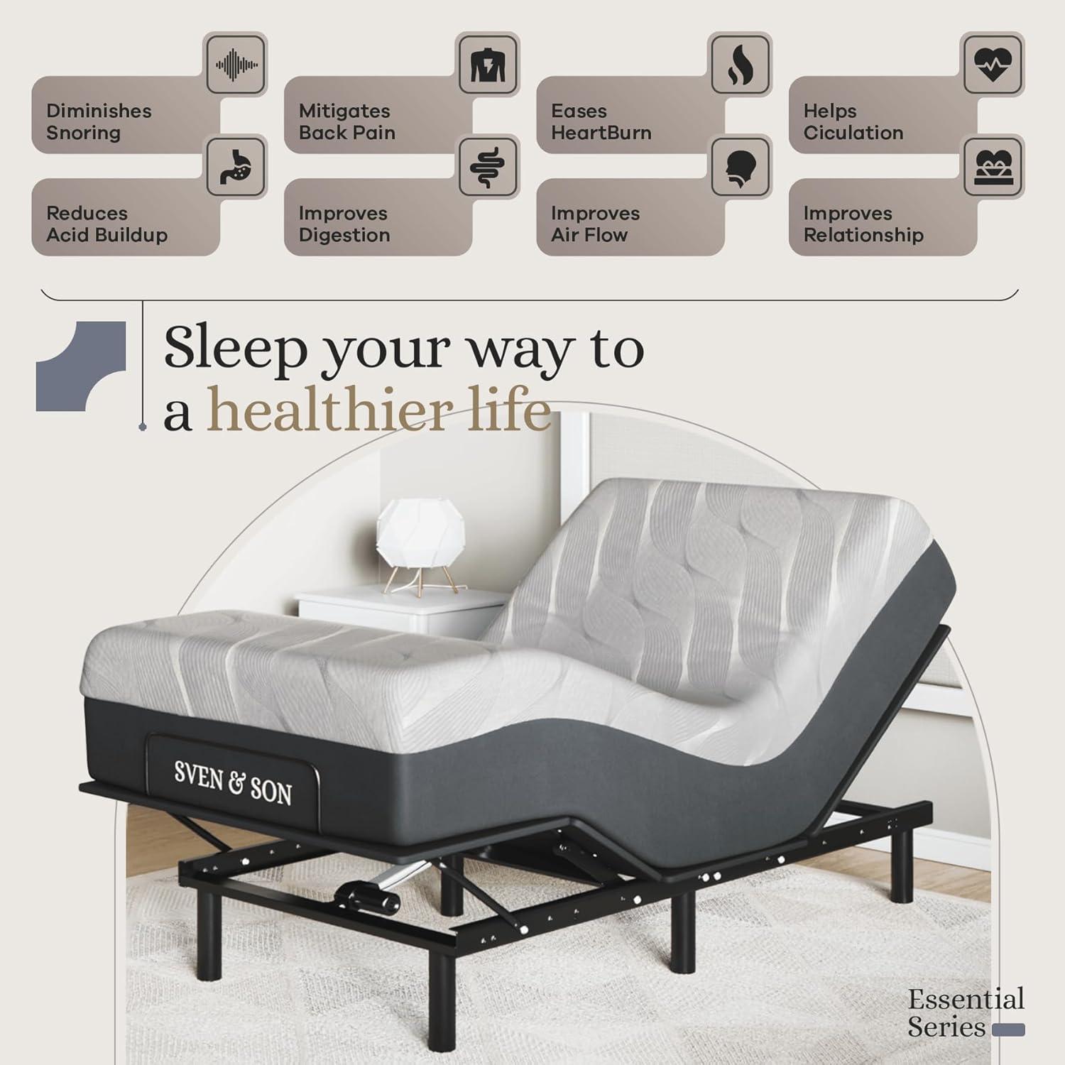 Sven & Son Essential Adjustable Bed Base (Frame) + 12 in Memory Foam Matt (Medium), Easy Assembly, Head and Foot Lift, Memory Positions, Zero Gravity, Wireless Remote - Twin XL