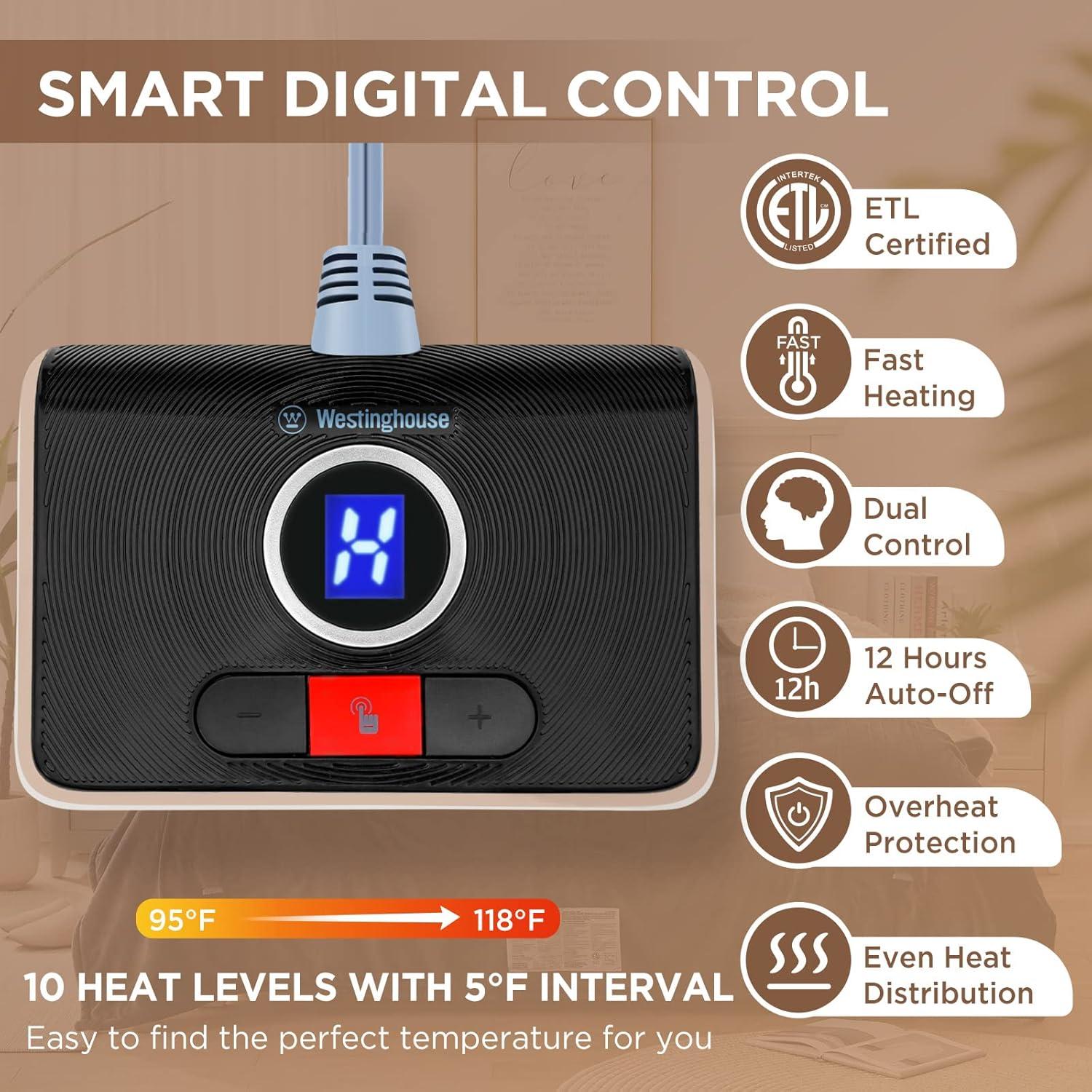 Westinghouse Heated Blanket Twin Size, Soft Flannel to Sherpa Electric Blanket with 10 Heating Levels, 12 Hours Auto Off, Fast Heating, Machine Washable, 62x84 Inch, Charcoal