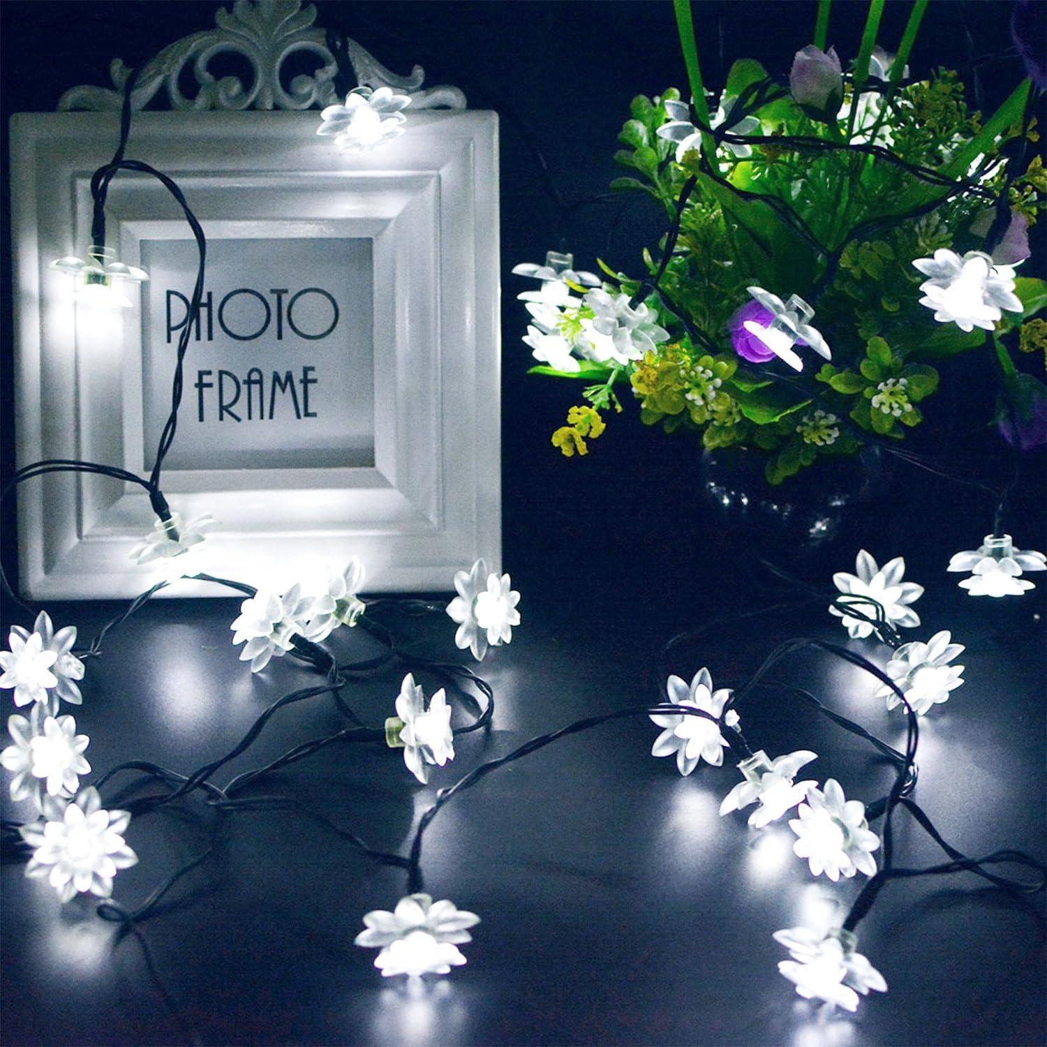 Solar Powered Outdoor White LED Flower Fairy String Lights