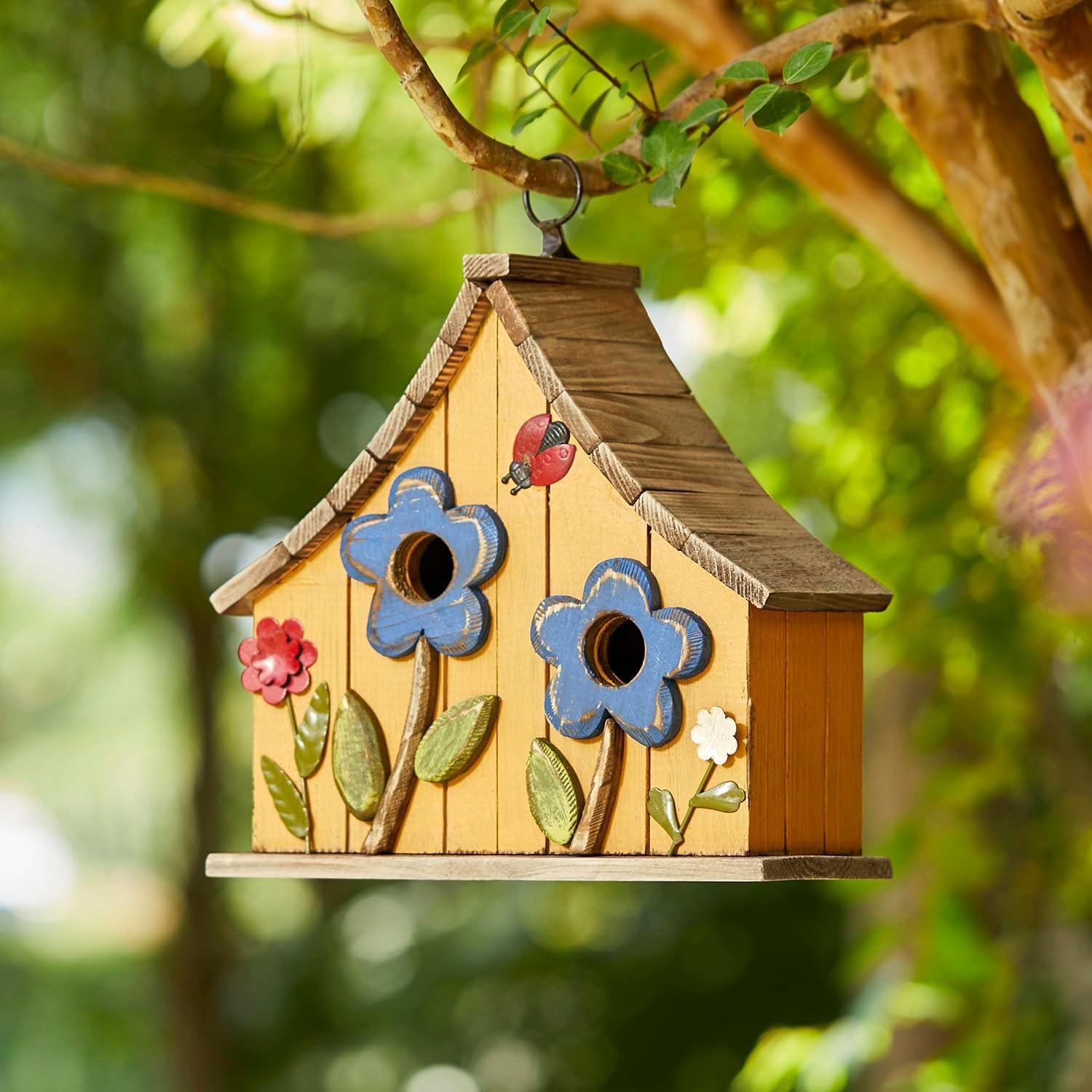 Glitzhome  10"H Multicolor Cute Distressed Solid Wood Birdhouse with 3D Flowers Flower-Orange 10.25"H