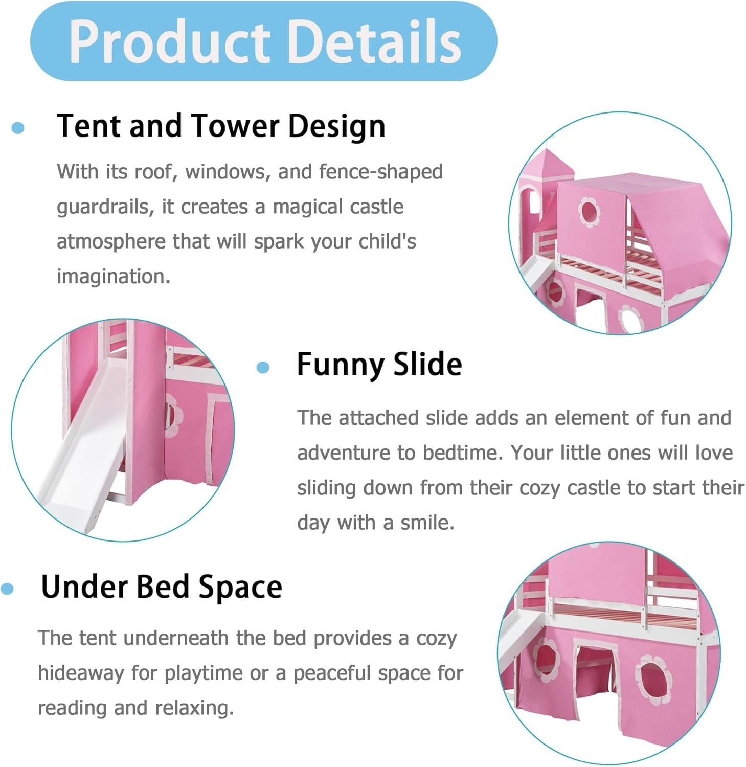 Polibi Full Size Castle Loft Bed with Slide & Pink Tent and Tower, Playhouse Design Spacious Under Bed Space with Curtains, Wood Tent Bed Frame for Kids Boys Girls