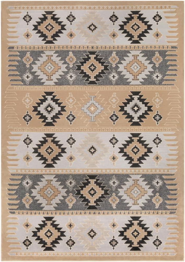 Gray and Beige Rectangular Oriental Synthetic Area Rug