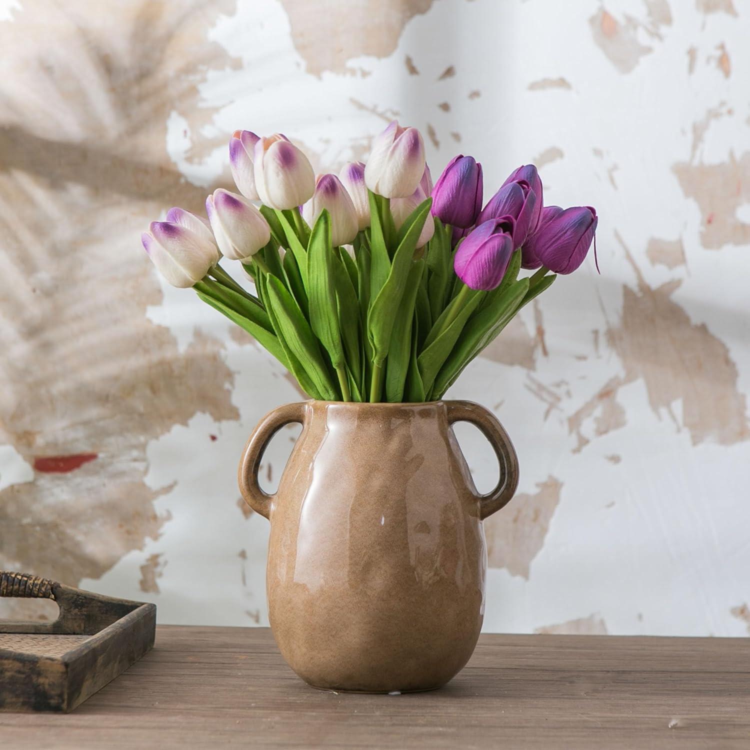 Kimdio Brown Ceramic Vase with 2 Handles, Modern Farmhouse Vase for Home Decor, Vintage Rustic Pottery Vase, Decorative Terracotta Vase, Clay Jug for Living Room Dining Table Shelf