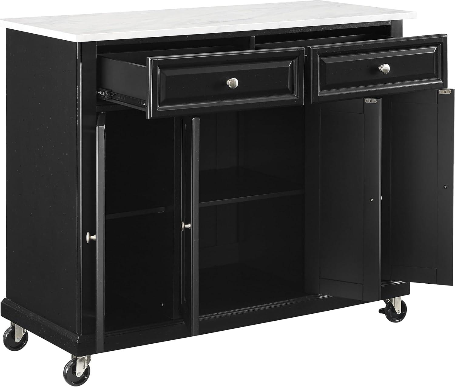 Crosley 42" Avery Kitchen Island/Cart Distressed Black/White Marble: Traditional Style, 6 Shelves, 2 Drawers, Locking Wheels