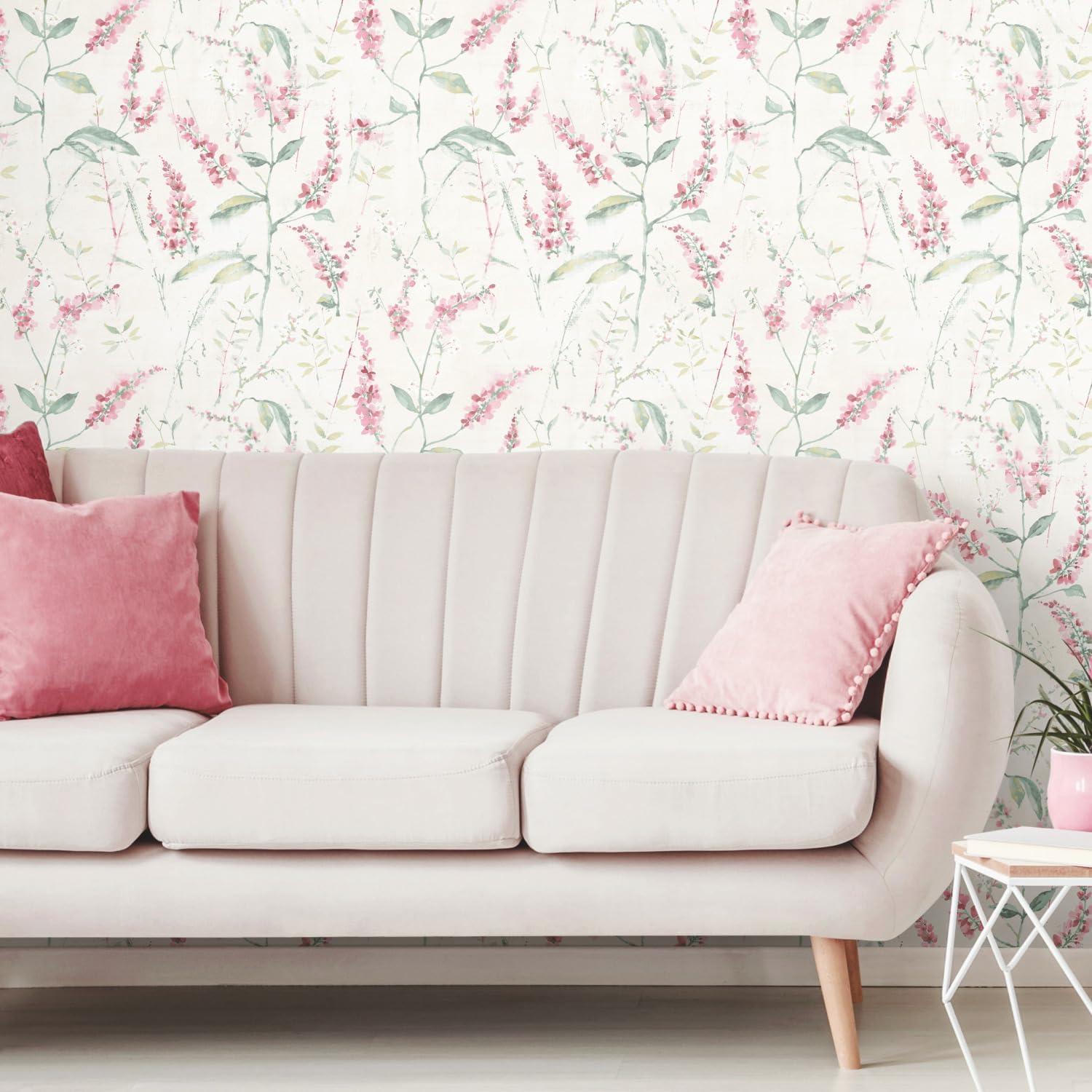 RoomMates Floral Sprig Peel and Stick Wallpaper Pink: Removable Vinyl Botanical Self-Adhesive, 28.2 Sq Ft Coverage