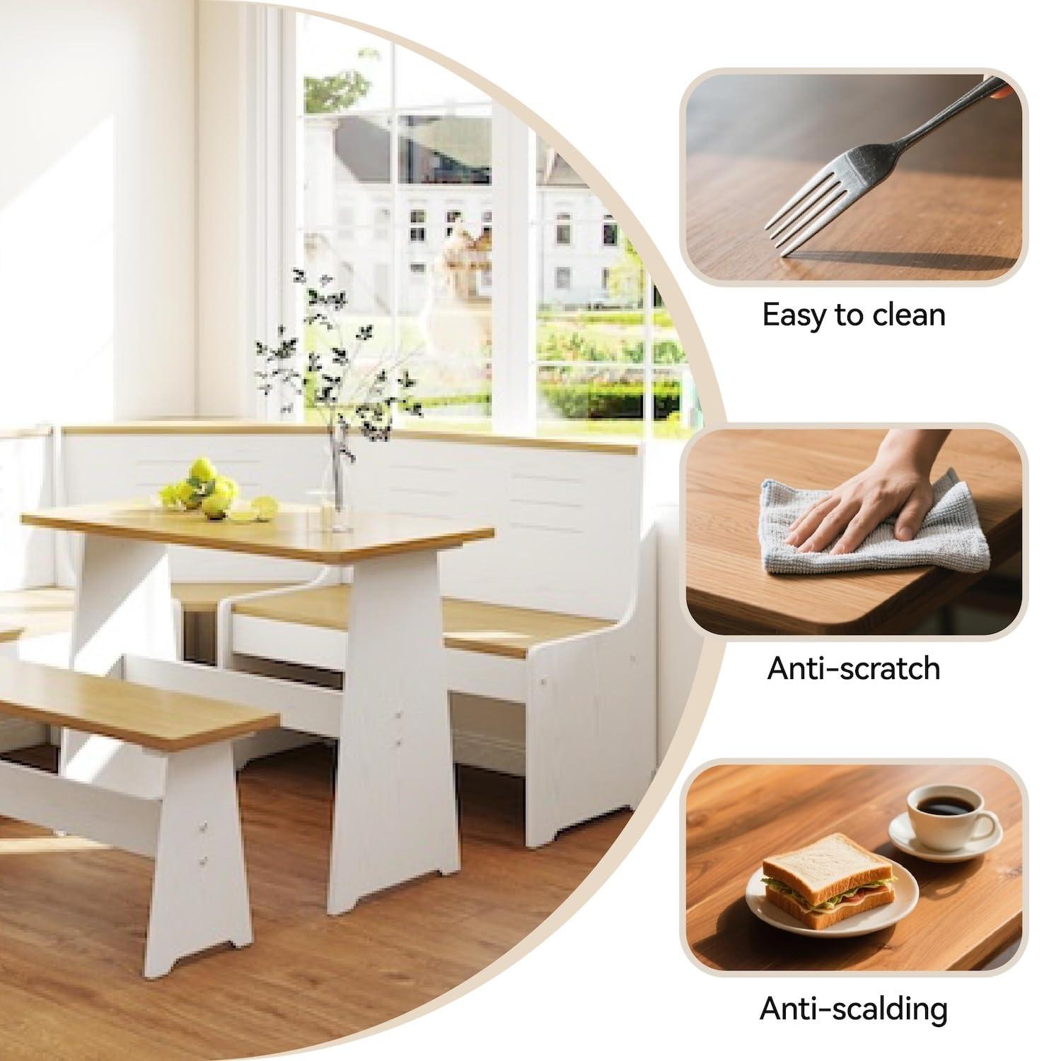 Breakfast Nook Corner Dining Table Kitchen Bench Chair Set, Space-Saving 3-5 People Seat Reversible L-Shape for Family Home White Wood