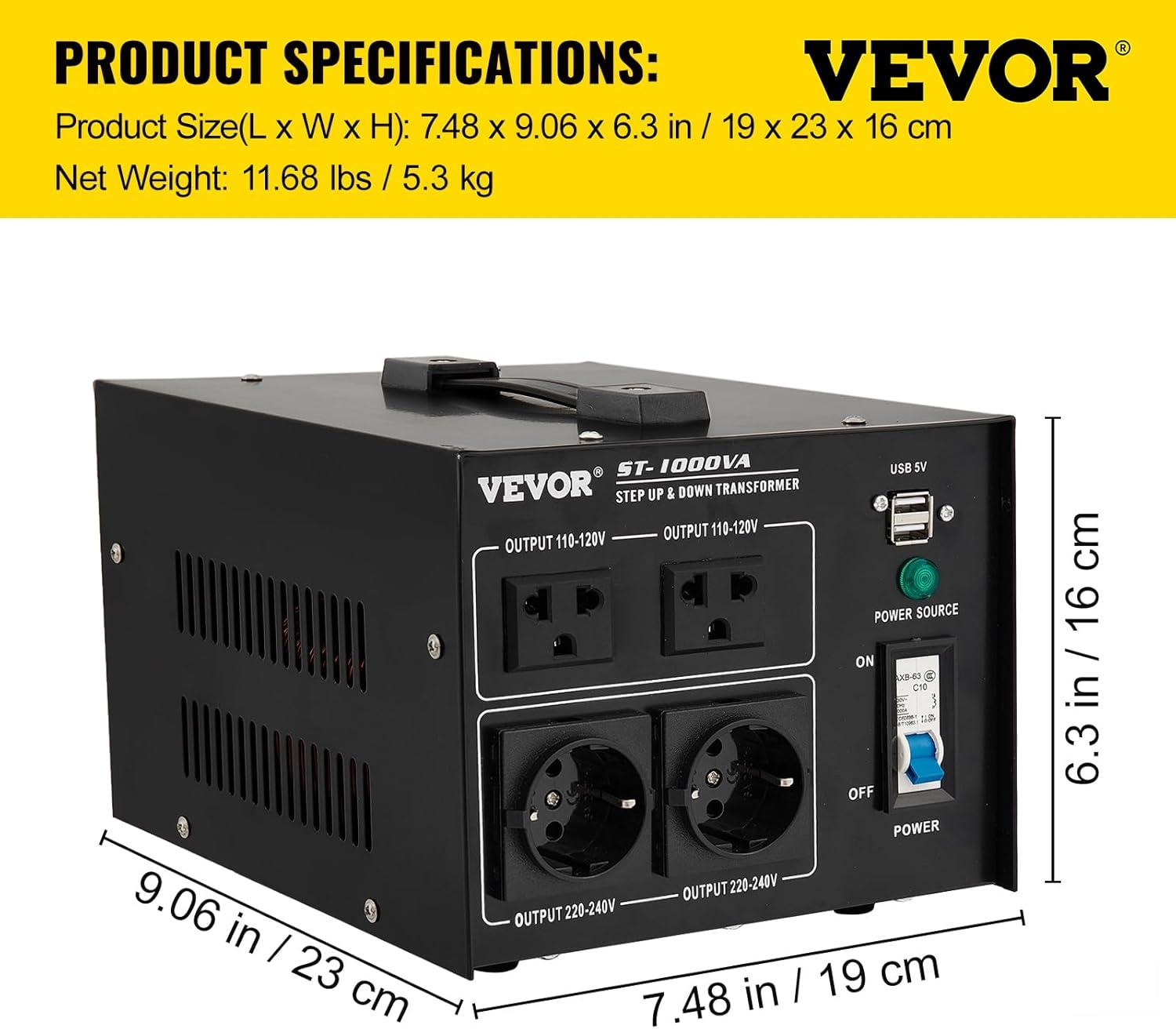 VEVOR 1000W Black Metal Step Up/Down Voltage Converter Transformer