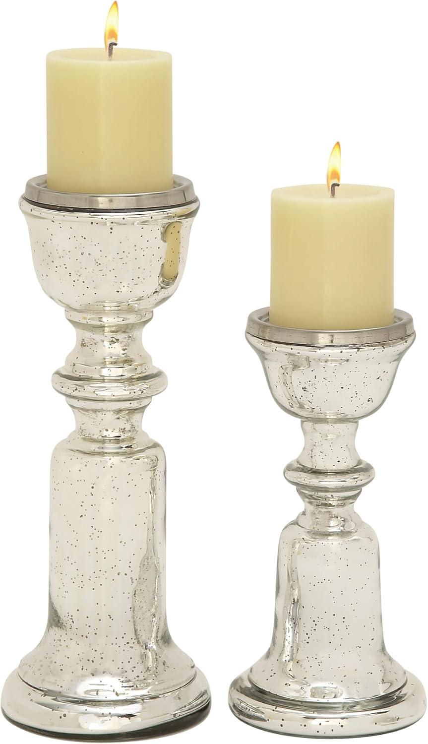 Silver Glass Pedestal Pillar Candle Holders, Set of 2