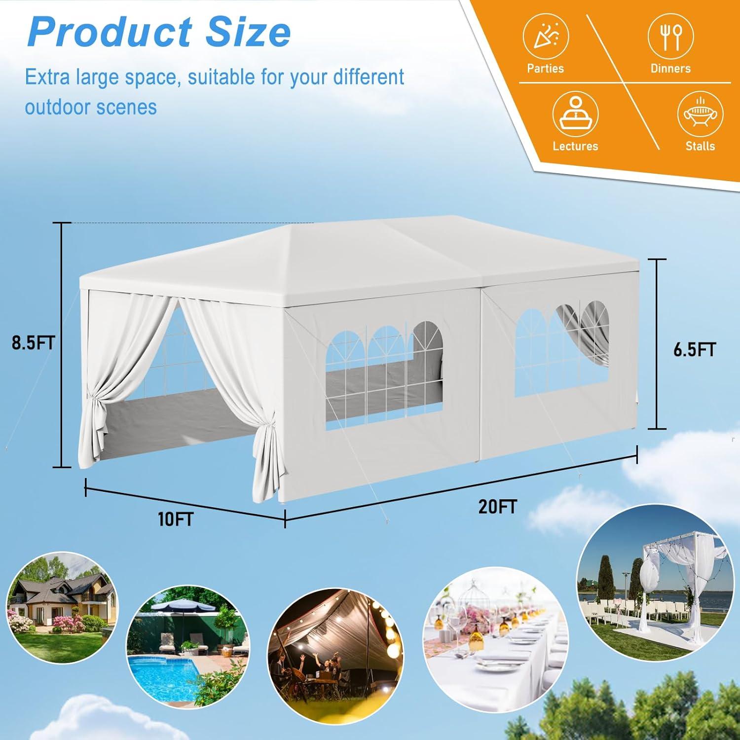ZENSTYLE Gazebo Party Outdoor Tent in White,10 x 20' with 6 Side Walls Wedding Canopy Cater Events