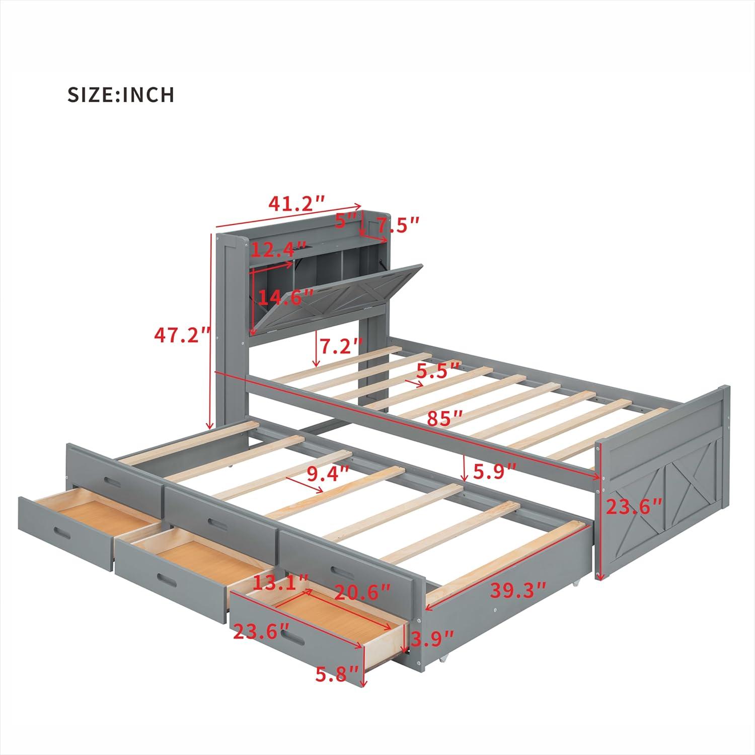 Gray Twin Wood Bed with Storage Drawers and Trundle