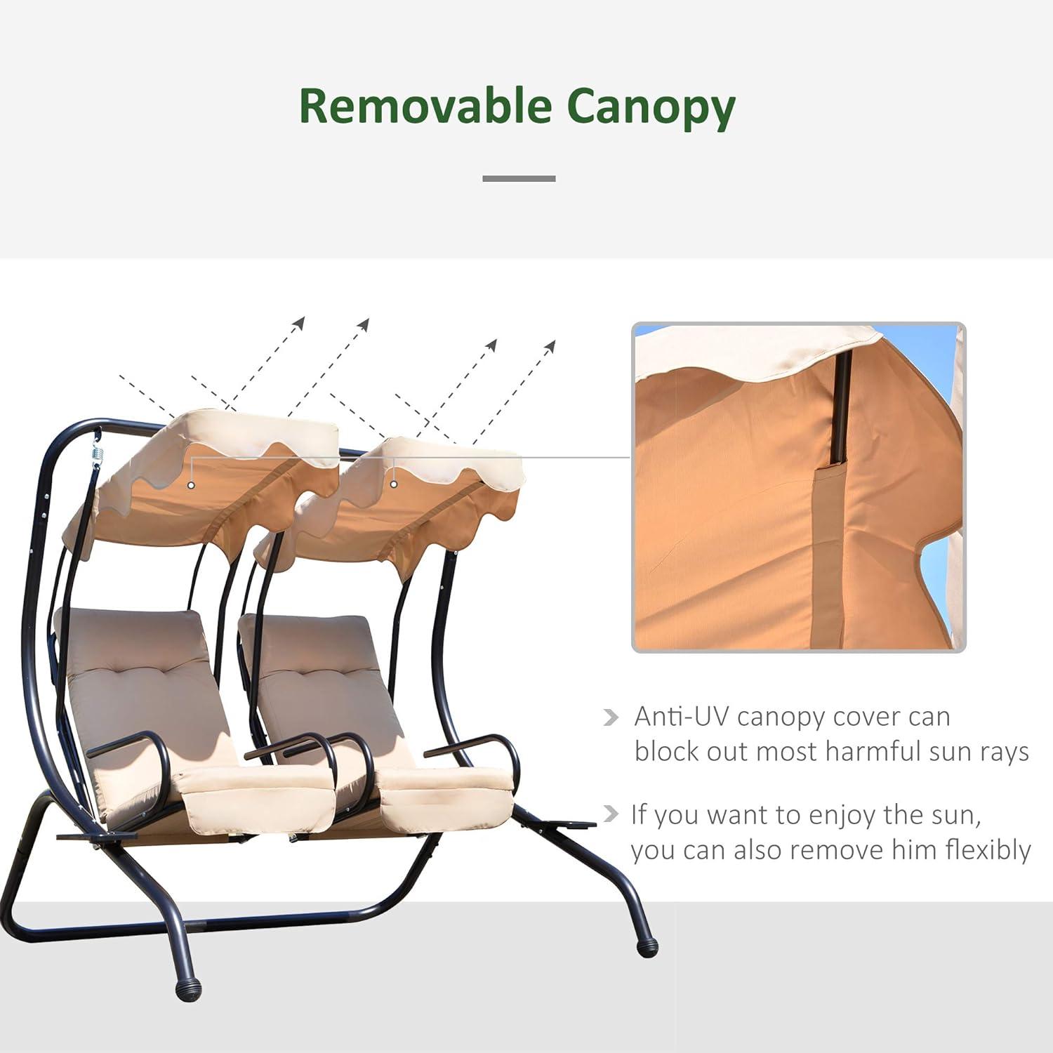 Outsunny Modern 2-Seater Outdoor Patio Swing Chair, Porch Seats with Cup Holder and Removeable Canopy, Beige