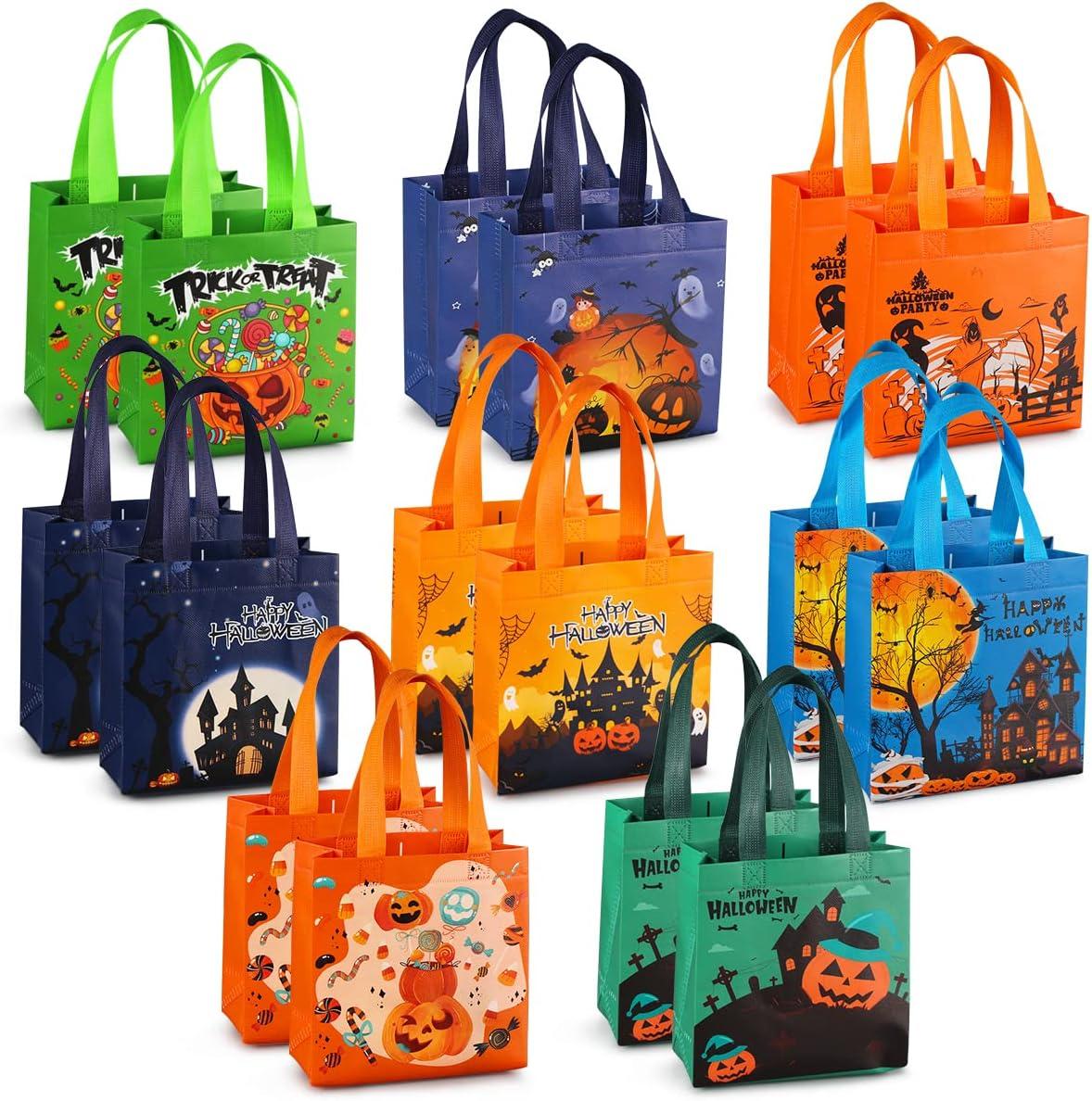 PARSUP Halloween Trick or Treat Bags, 16PCS Small Gift Tote Non-Woven Bags with Handles for Gifts Wrapping, Halloween Party Supplies, 7.9 * 7.9 * 3.15"