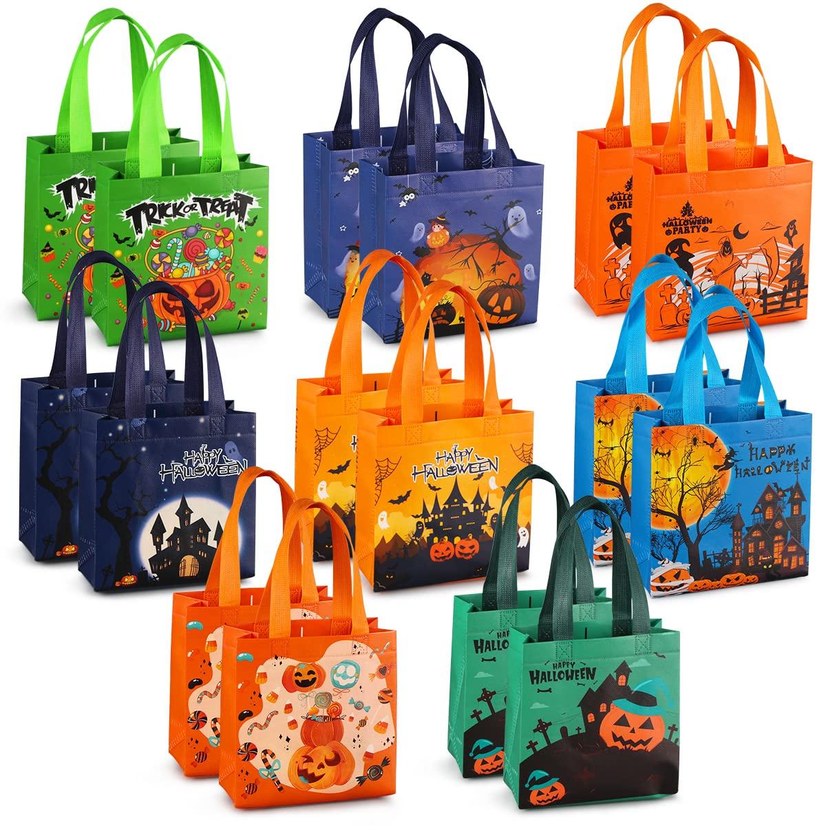 PARSUP Halloween Trick or Treat Bags, 16PCS Small Gift Tote Non-Woven Bags with Handles for Gifts Wrapping, Halloween Party Supplies, 7.9 * 7.9 * 3.15"