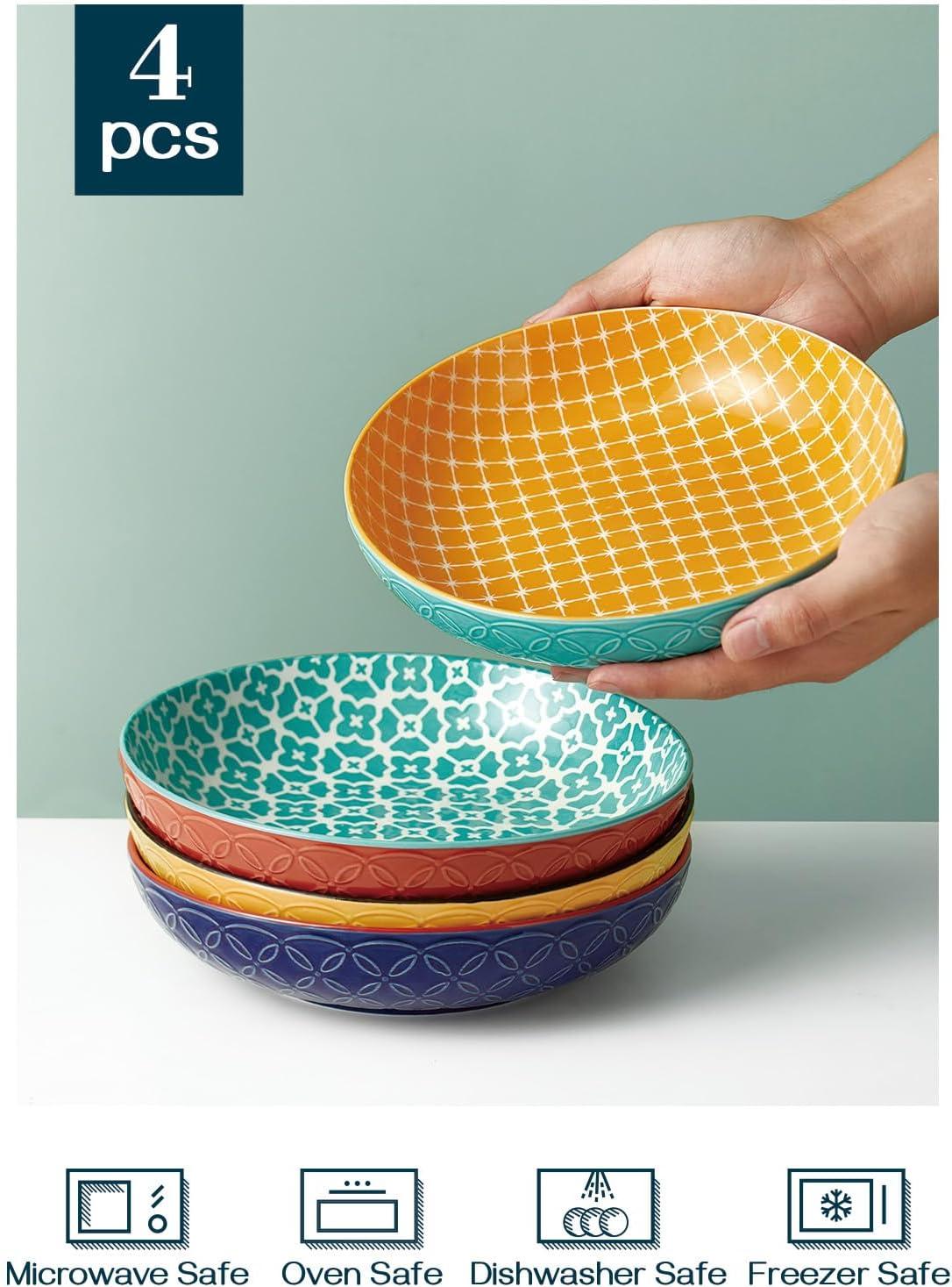 Vibrant Multicolor Ceramic 35 oz Pasta and Salad Bowls Set