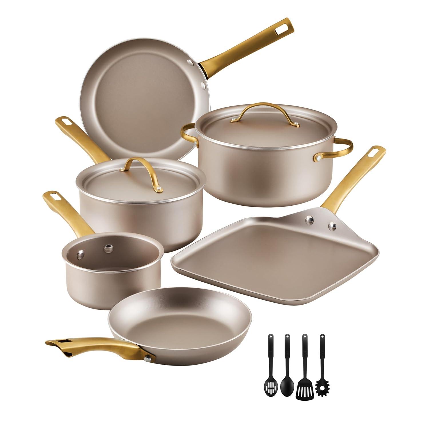 Farberware Farberware Radiant Nonstick Cookware Pots And Pans Set With Prestige Cooking Tools, 12 Piece, Champagne