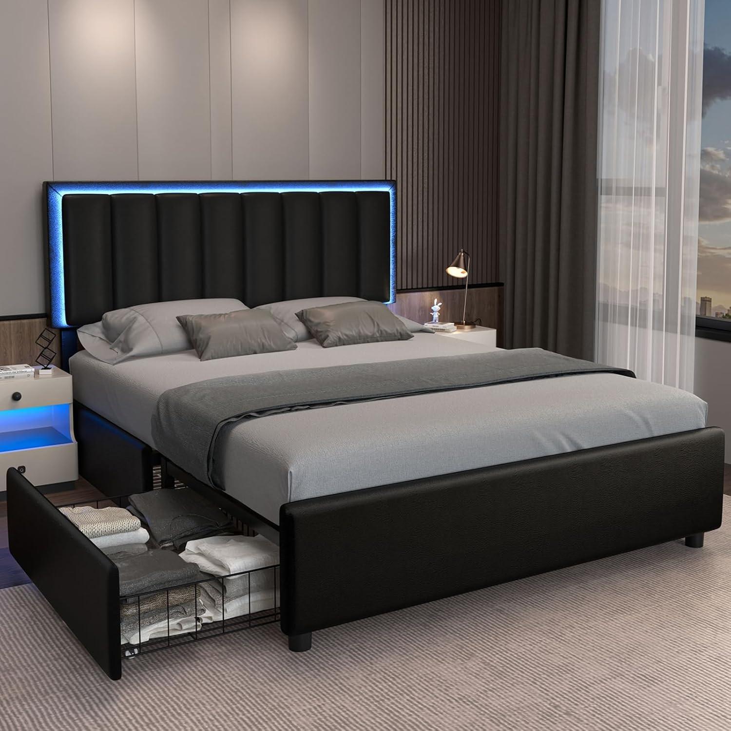 Full Size Black Faux Leather LED Bed Frame with Storage Drawers