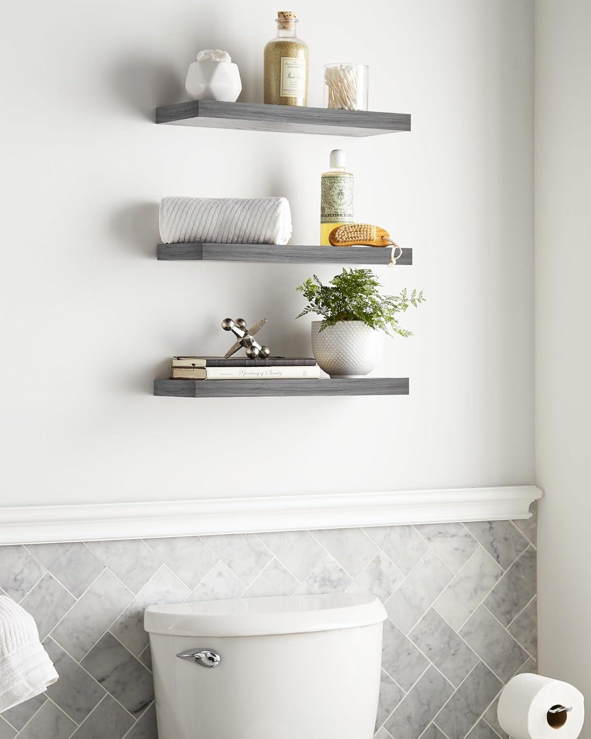 Gray Painted Wood 3-Tier Floating Wall Shelves