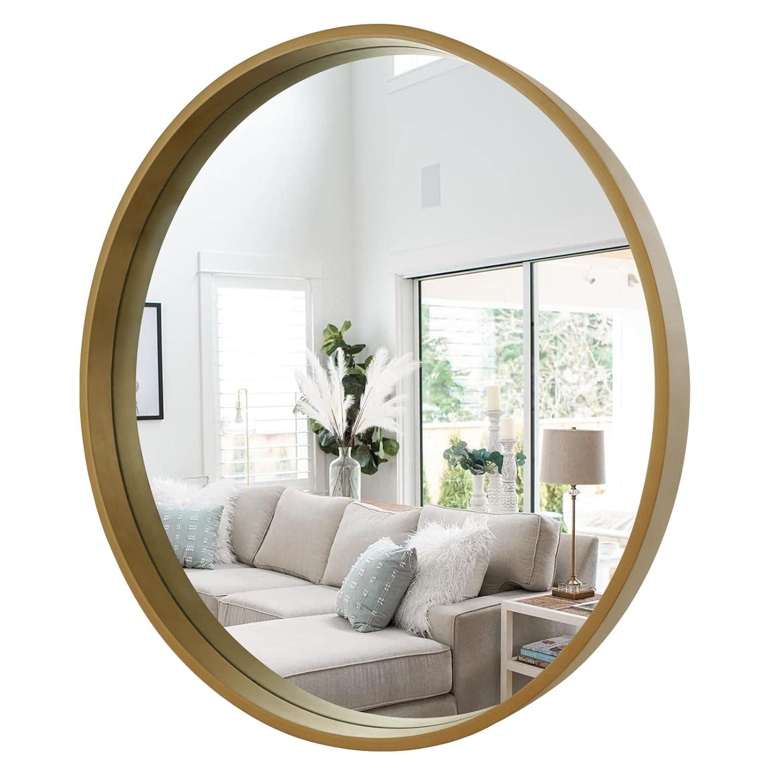Walnut Round Pine Wood Mirror, 32" Diameter