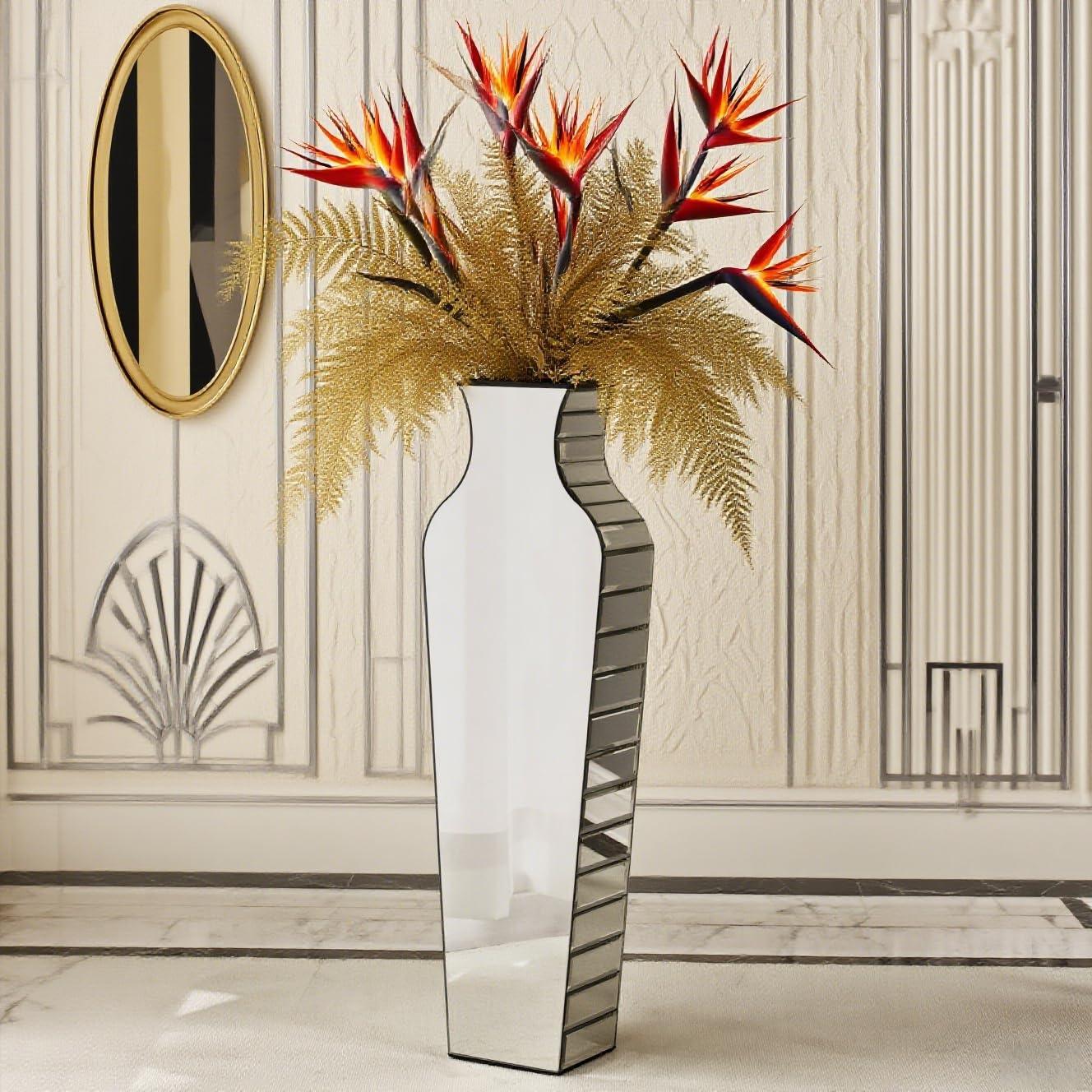 Tall Silver Mirrored Glass Floor Vase with Crushed Diamond