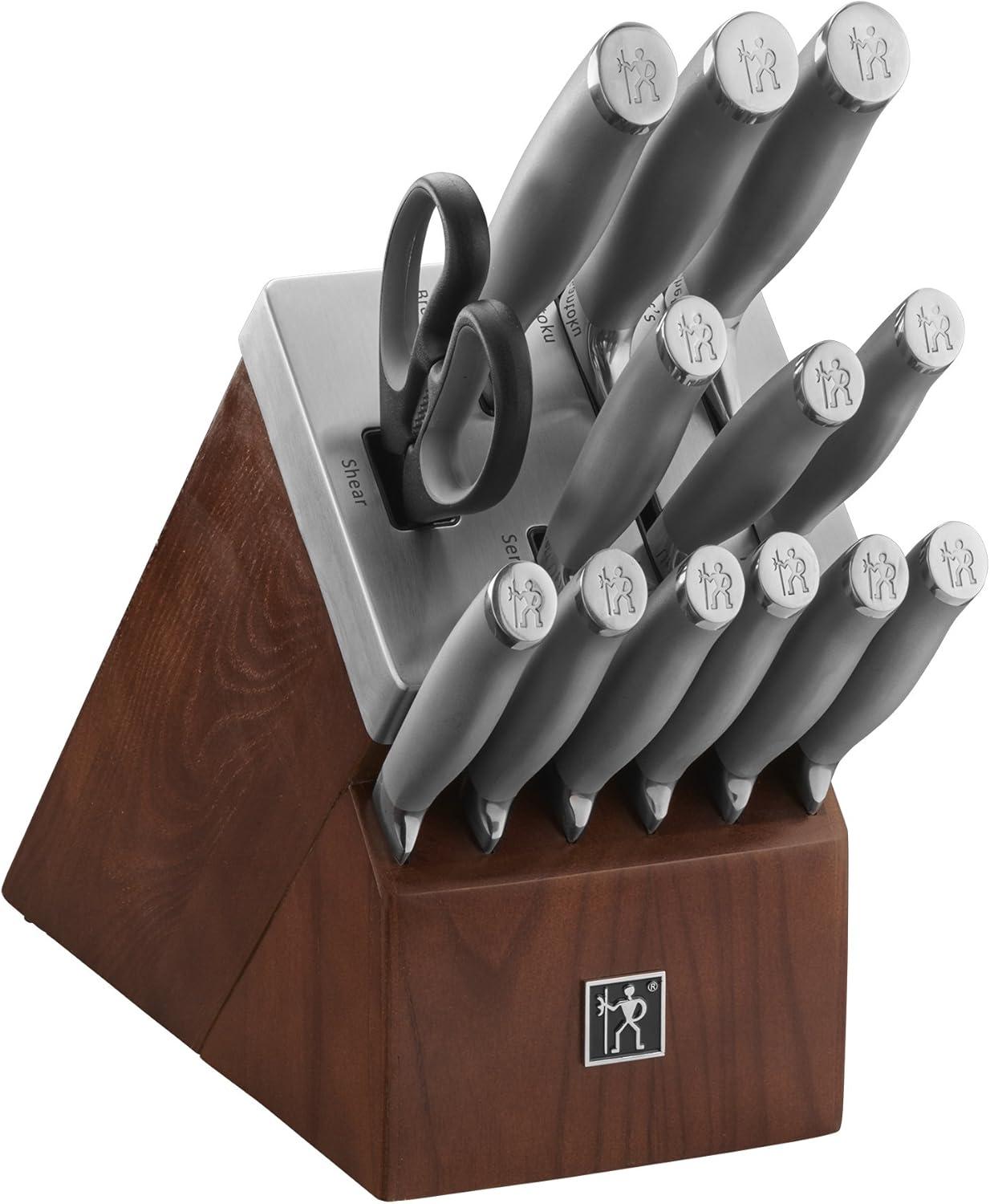 Henckels Modernist 14-pc Self-Sharpening Knife Set with Block, Chef Knife, Paring Knife, Bread Knife, Steak Knife, Dark Brown, Stainless Steel, Walnut