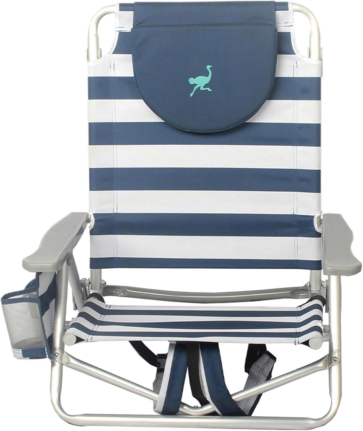 Ostrich On-Your-Back Sand Chair, Beach Reclining Lawn Chair w/Backpack Straps, Outdoor Furniture for Pool, Camping, or Backyard, Blue Stripe