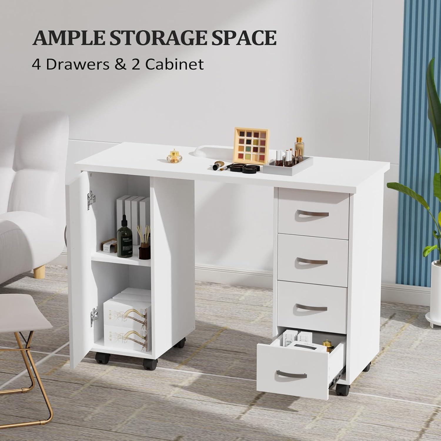 Goujxcy Rolling Nail Table Manicure Table Nail Desk Station, Beauty Salon Nail Station Desk Nail Art Equipment with 4 Drawers & Large Cabinet & Wrist Rest,White