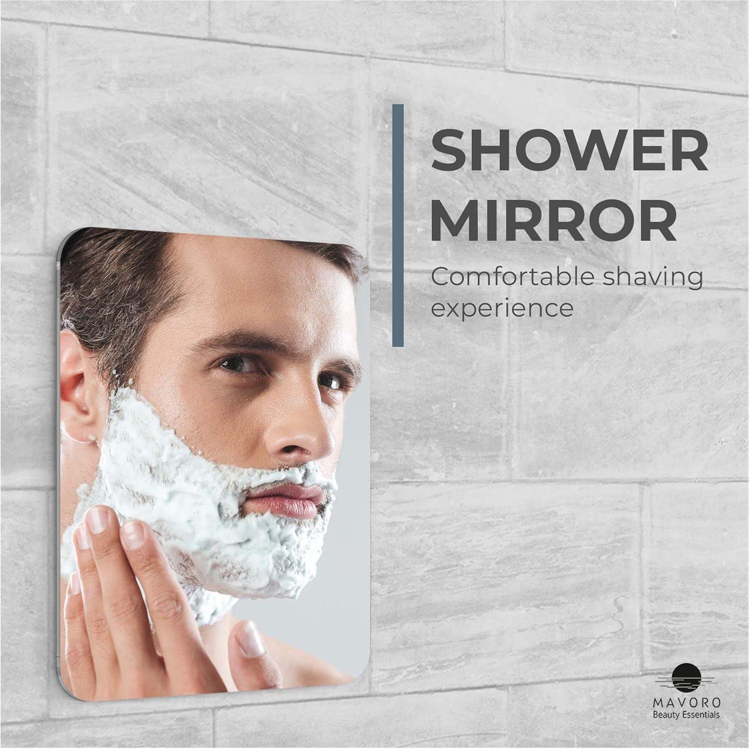 Mavoro Shaving Mirror for Shower - 3M Adhesive Shower Mirror. 7x9in Acrylic Mirror - Unbreakable Mirror with Less Fogging. Sleek Frameless Mirror. Peel and Stick Mirror, Glassless Safety Kids Mirror