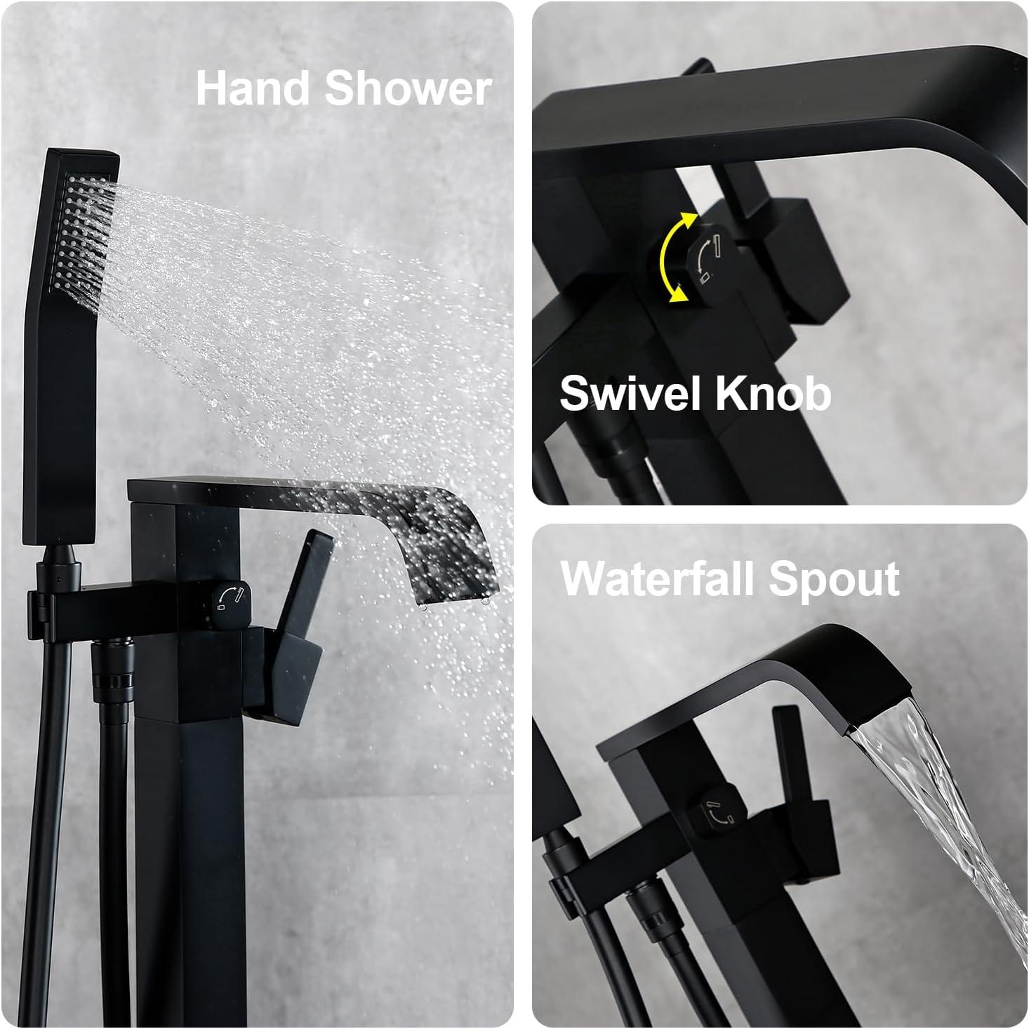 Matte Black Brass Waterfall Freestanding Tub Faucet with Hand Shower