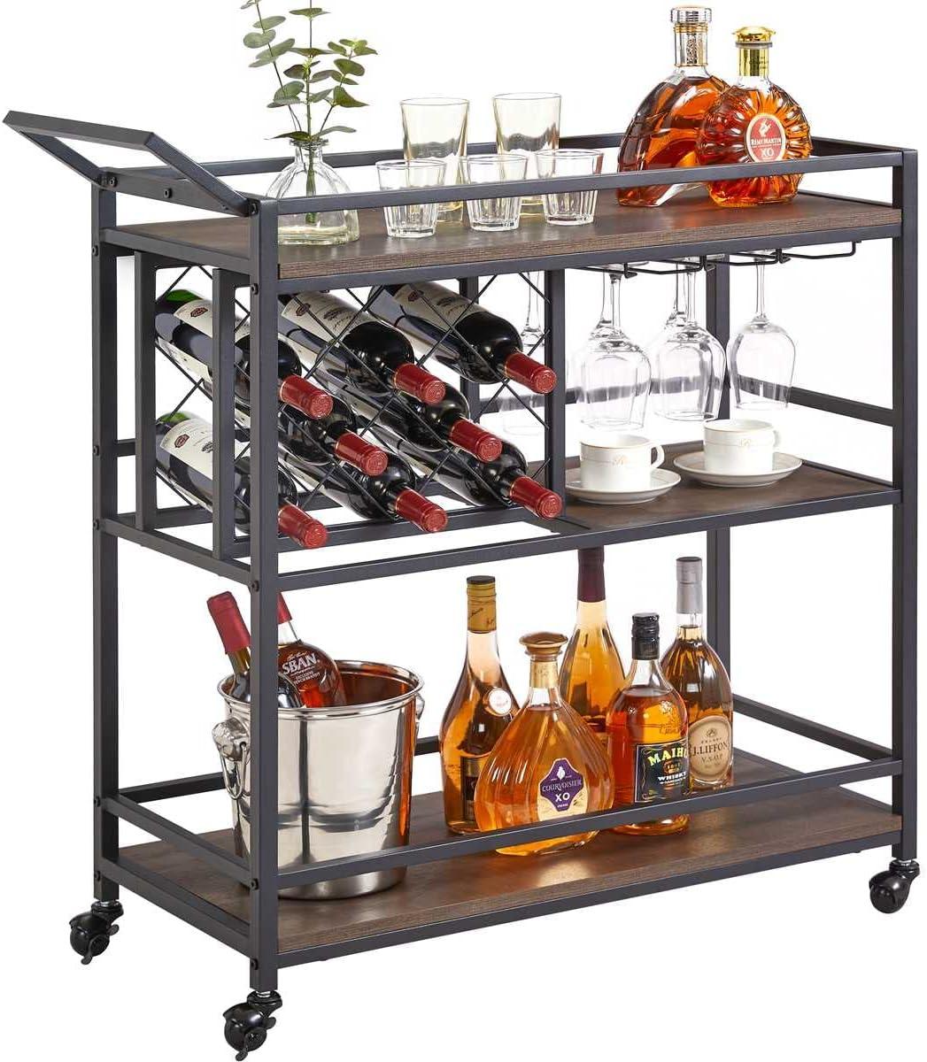 Costway 3-tier Bar Cart on Wheels Home Kitchen Serving Cart with Wine Rack & Glass Holder Rustic Brown