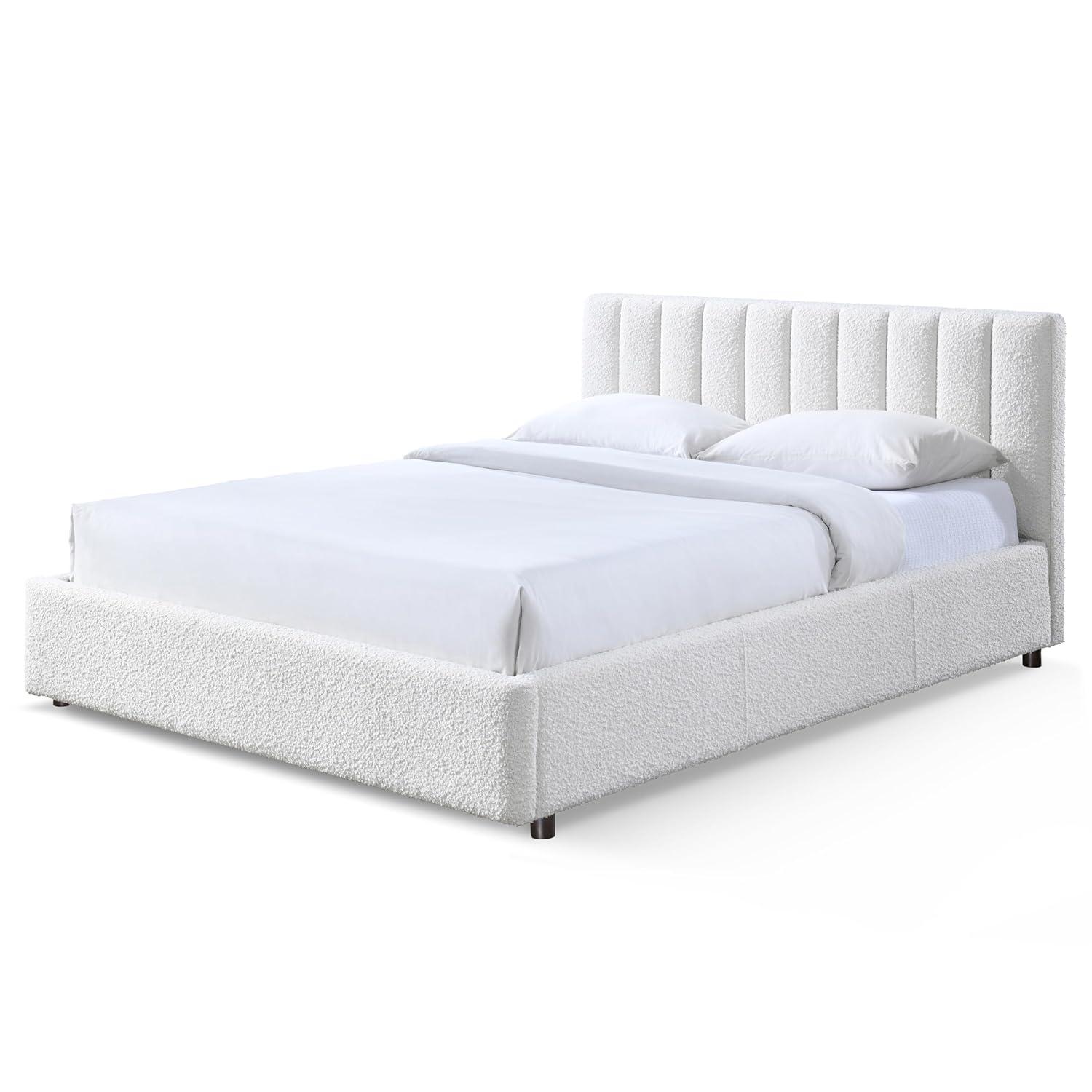Omax Decor Jaxon Upholstered Platform Queen Bed in White Boucle Fabric